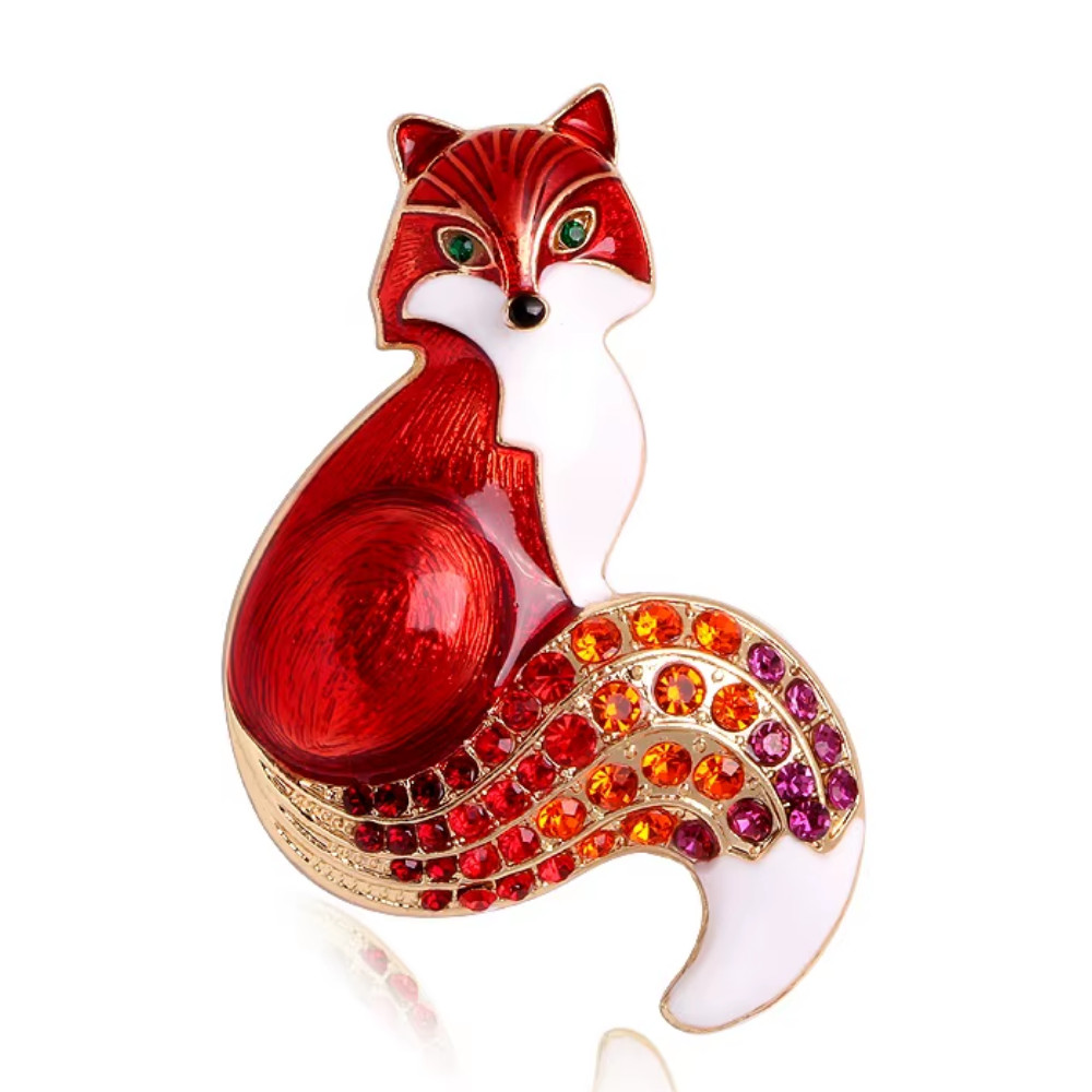 Retro Fall Fox Brooch Red Enamel Rhinestone Gold Animal Pin Autumn Gift Jewelry
