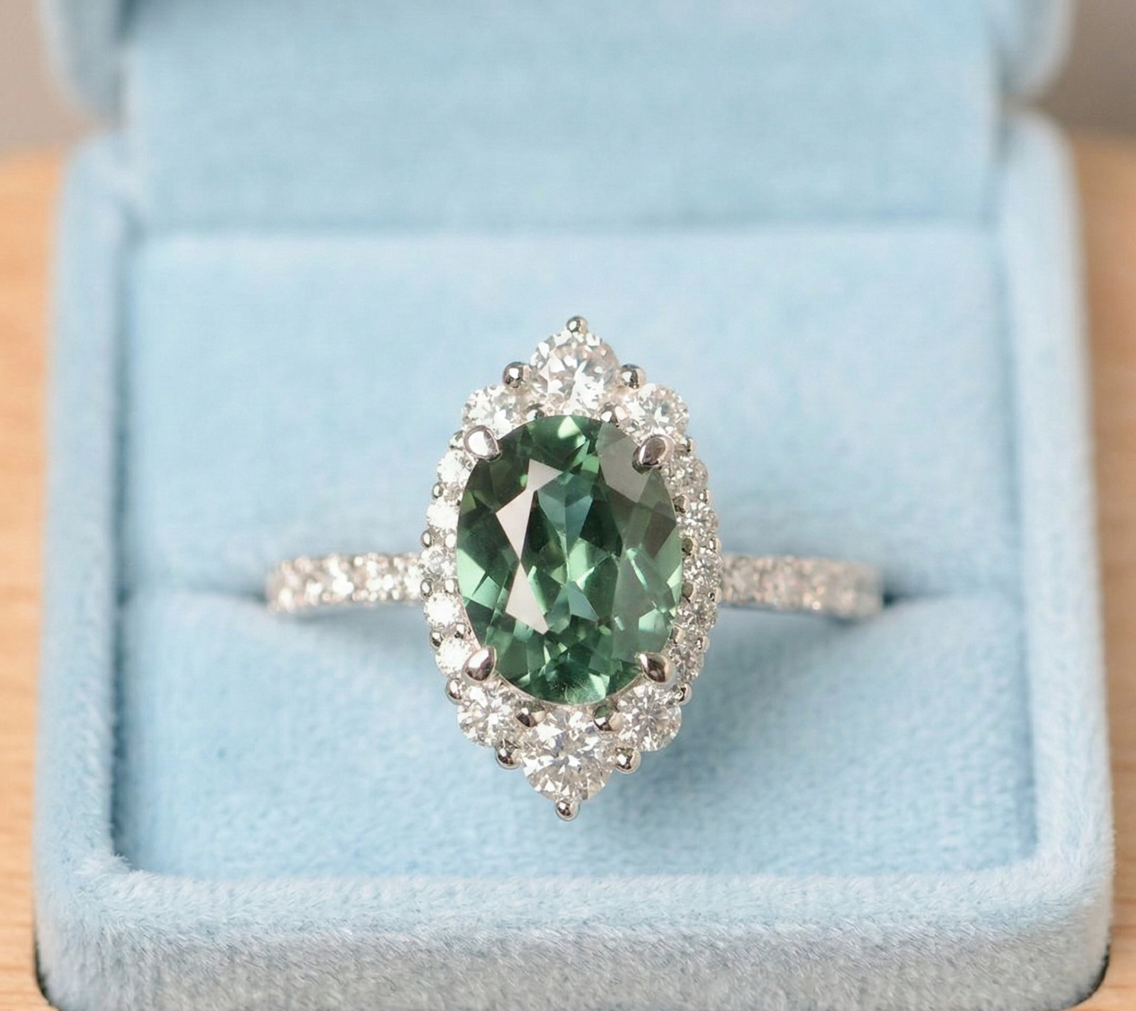 Oval Green Sapphire Halo Ring, 925 Sterling Silver Art Deco Engagement Ring