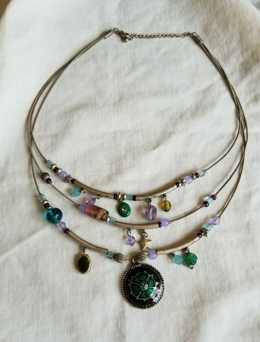 50%off 3 Tier Wire Pendant Necklace Multicolor & Metal Beads Lobster Hook 15-17″