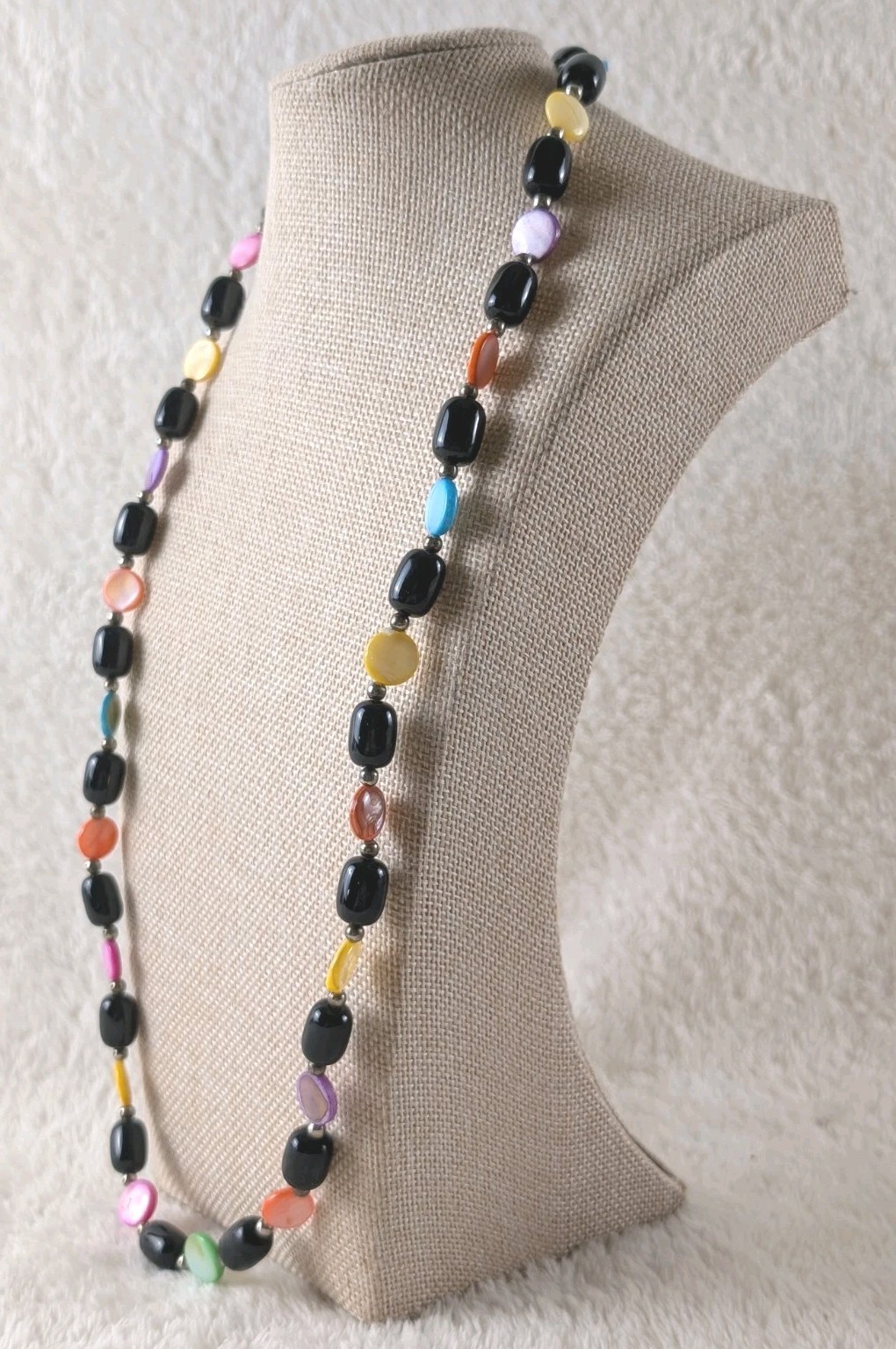Long Multicolor Beaded Necklace Black Oval Beads Colorful Glass Statement