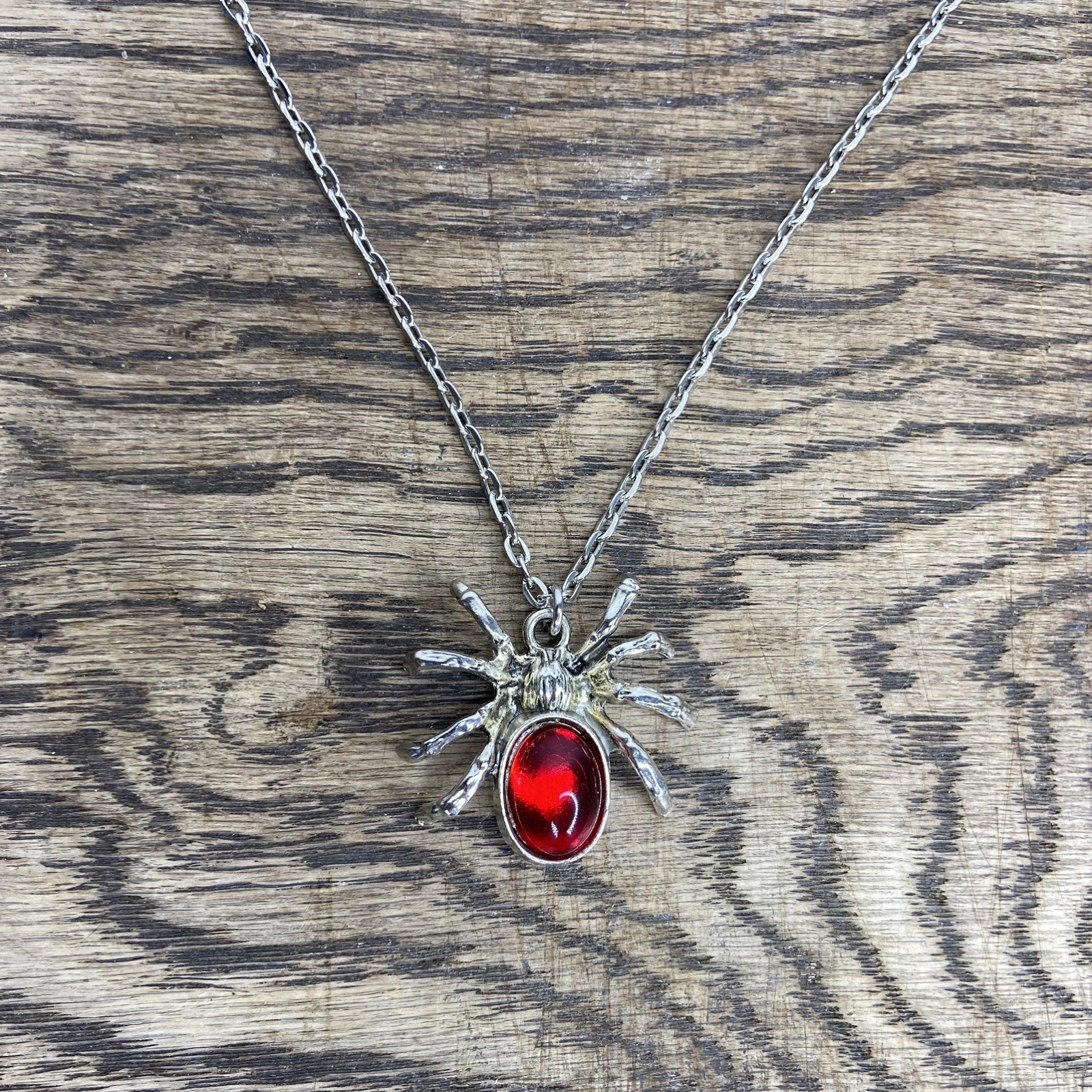 Gothic Metal Halloween Alternative Red Gem Spider Necklace with Chain Pendant