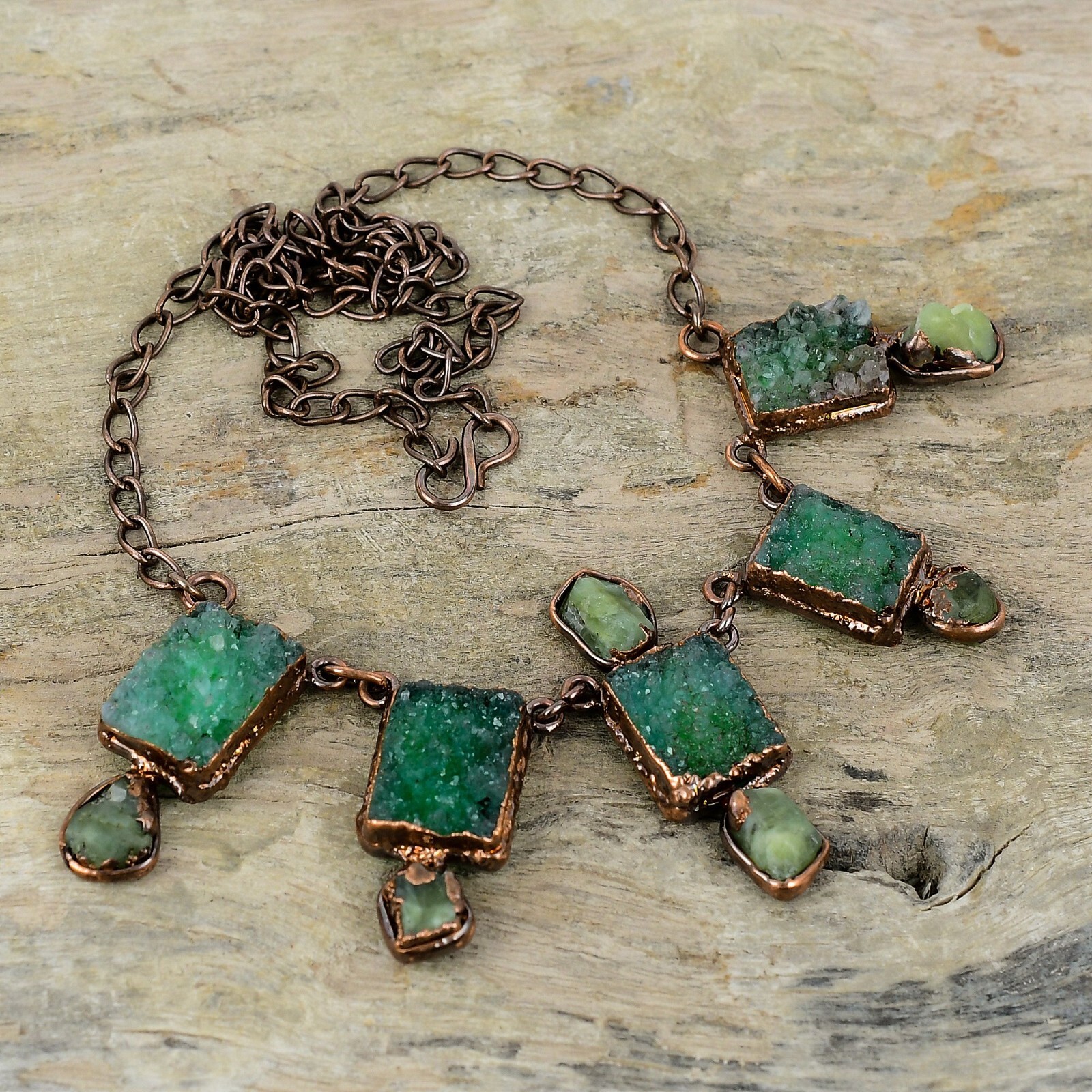Green Druzy Electroformed Adjustable Necklace Handcrafted Copper Gift 18.0″