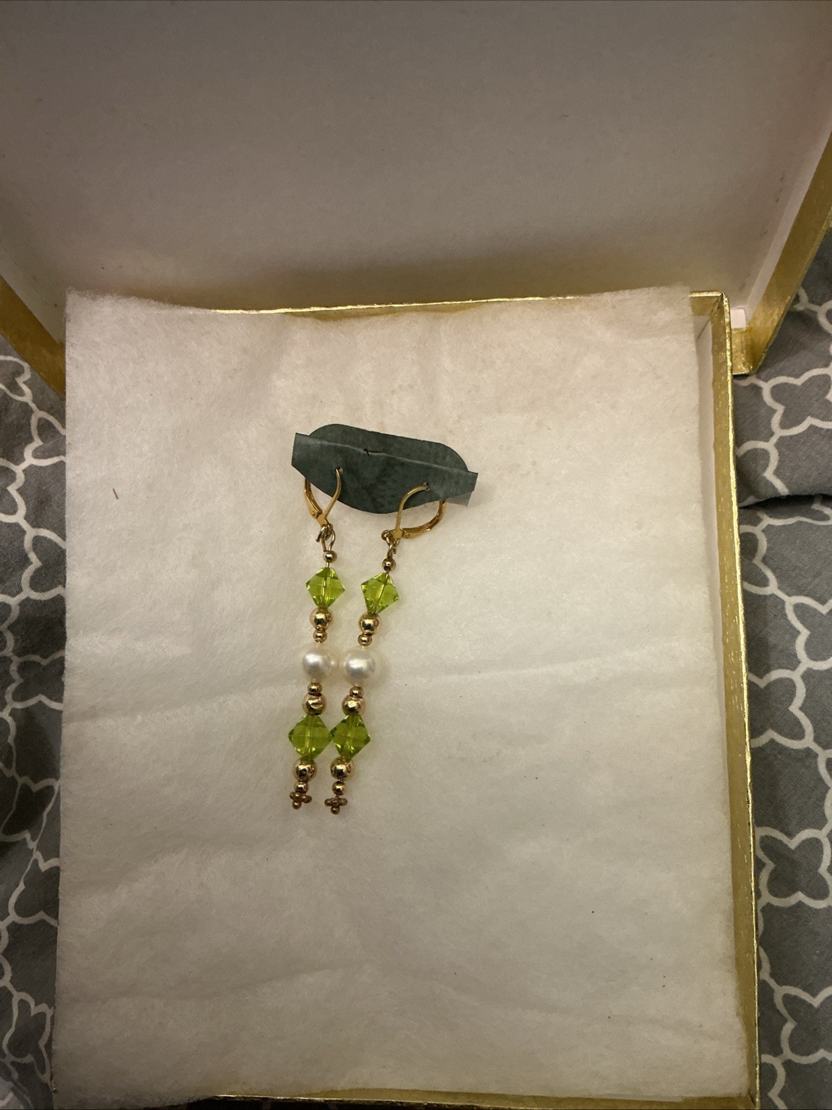 Gold With 6 Mm Pearls And Green Beads Earrings