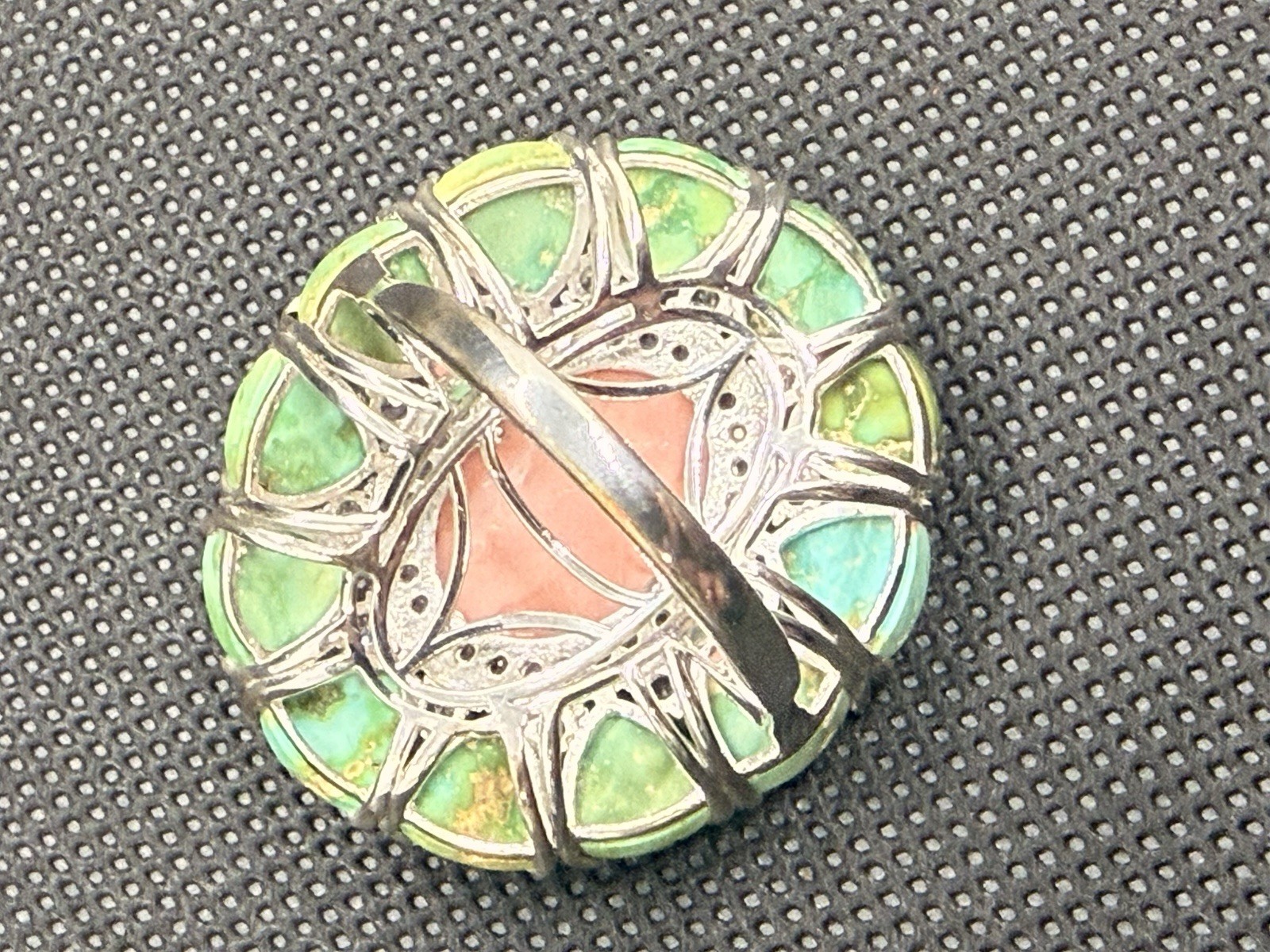 925 Silver Coral Turquoise CZ Halo Cocktail Ring Sz 7 Statement 13g