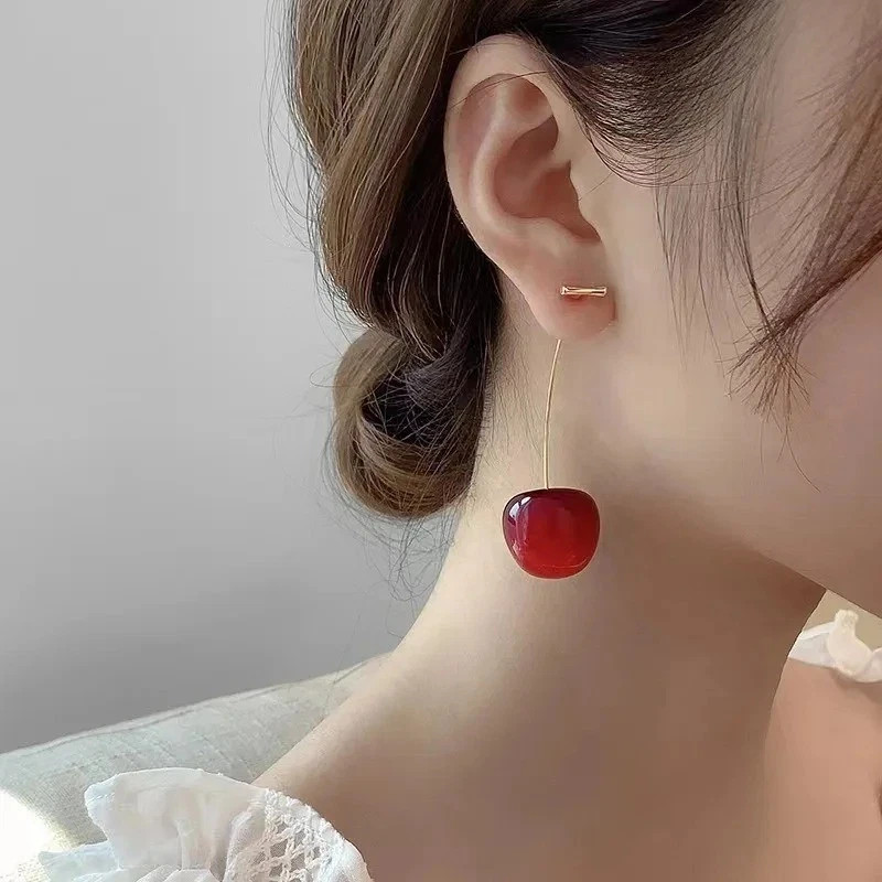 Cute Cherry Acrylic Earrings Kpop Resin Fruit Dangle Jewelry for Women – 1pr