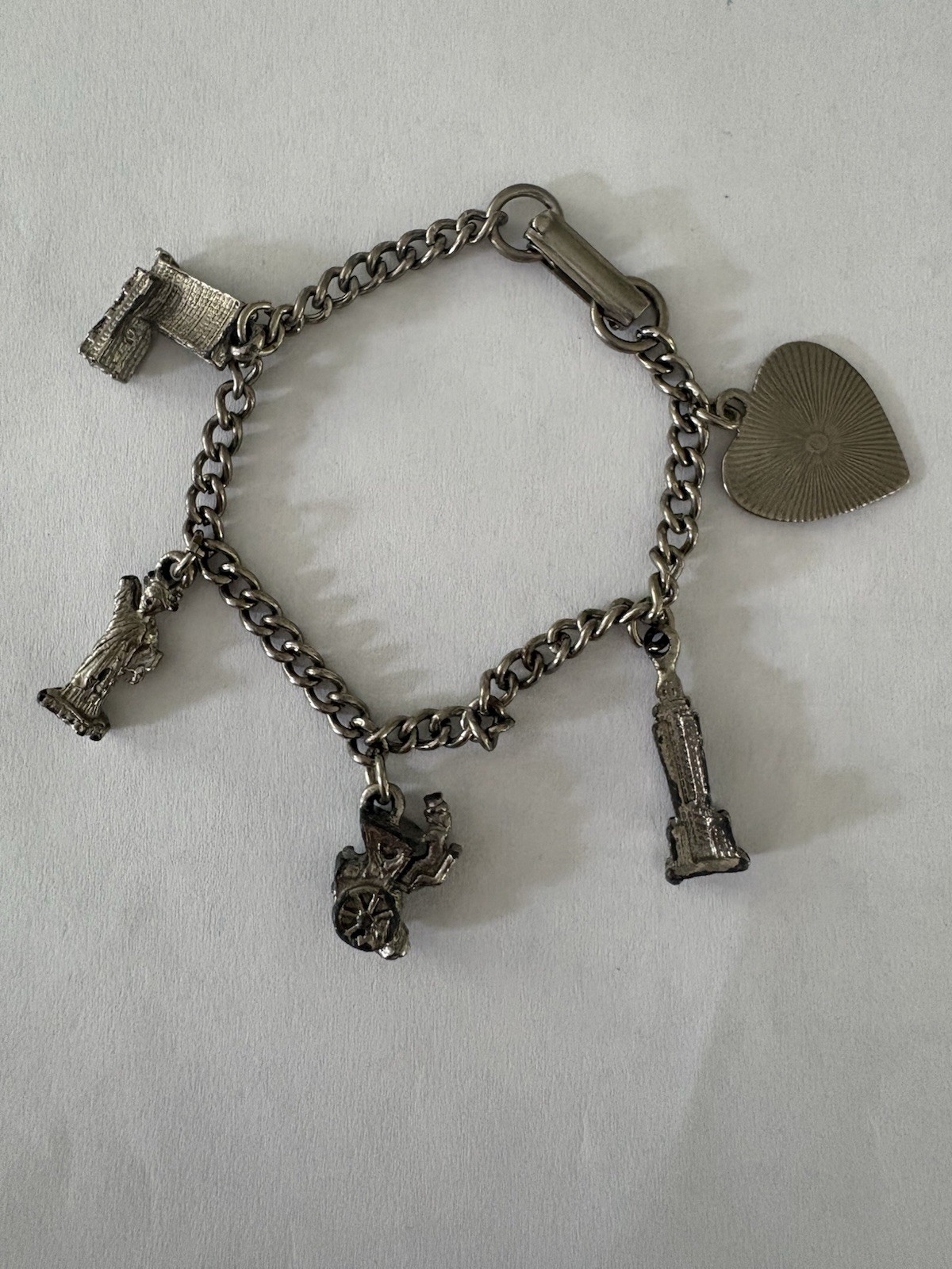 Silver Tone Curb Link Chain Charm Bracelet Heart Dangle, Travel Cities Theme