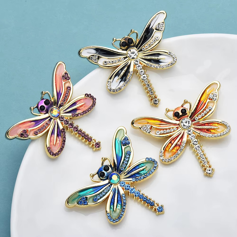 Vintage Gold Tone Enamel Dragonfly Brooch Crystal Insect Pin Nature Jewelry Gift