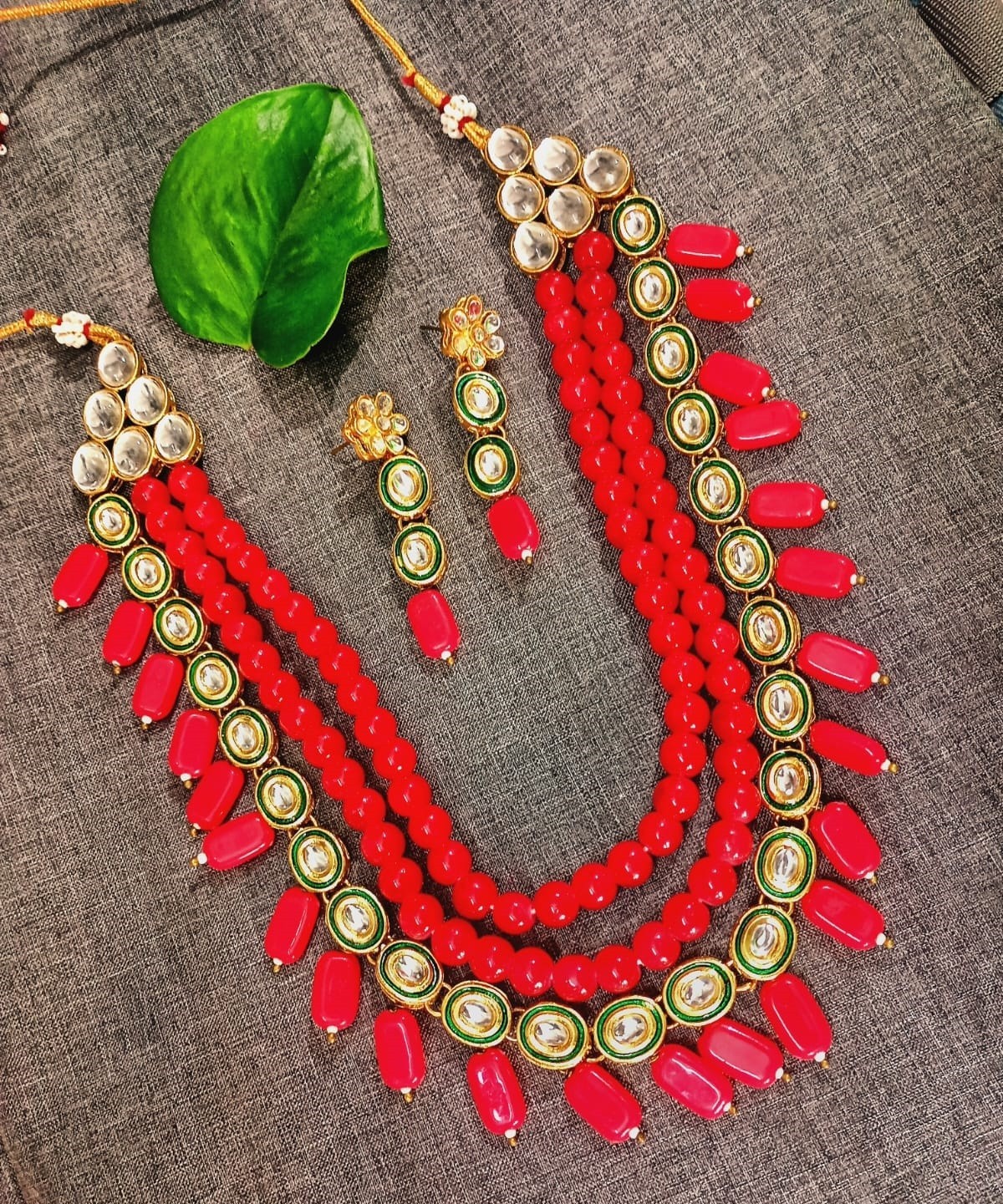 Jaywar Coral Orange Beaded Layered Necklace Set with Matching Earrings