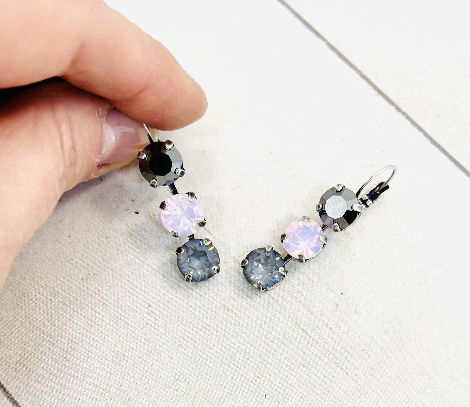 8mm Soft Pink, Black, and Gray Triple Stone Earrings