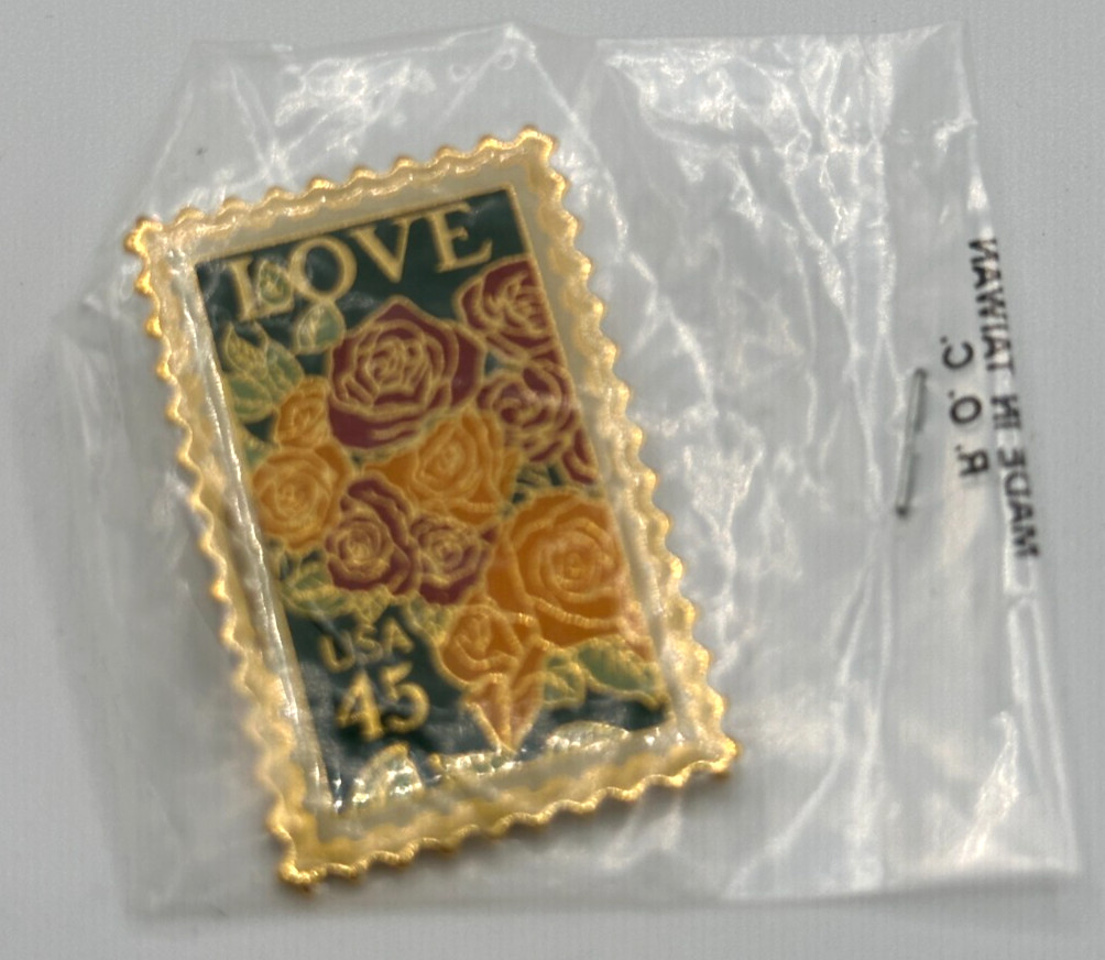 Roses Love Gold Tone USPS Stamp Pin USA 45 Cent Lapel Brooch pinback Vintage