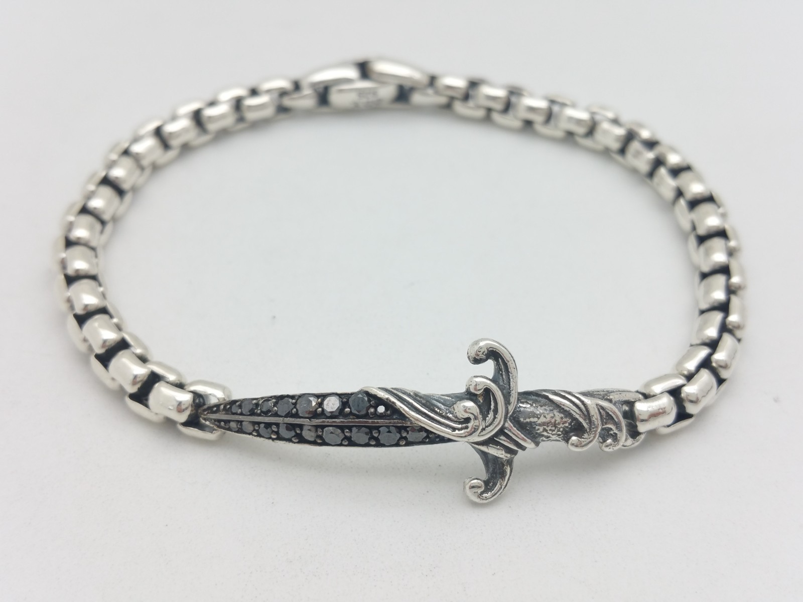 DAVID YURMAN Sterling Silver Black Diamond Waves Dagger 5mm Chain Bracelet