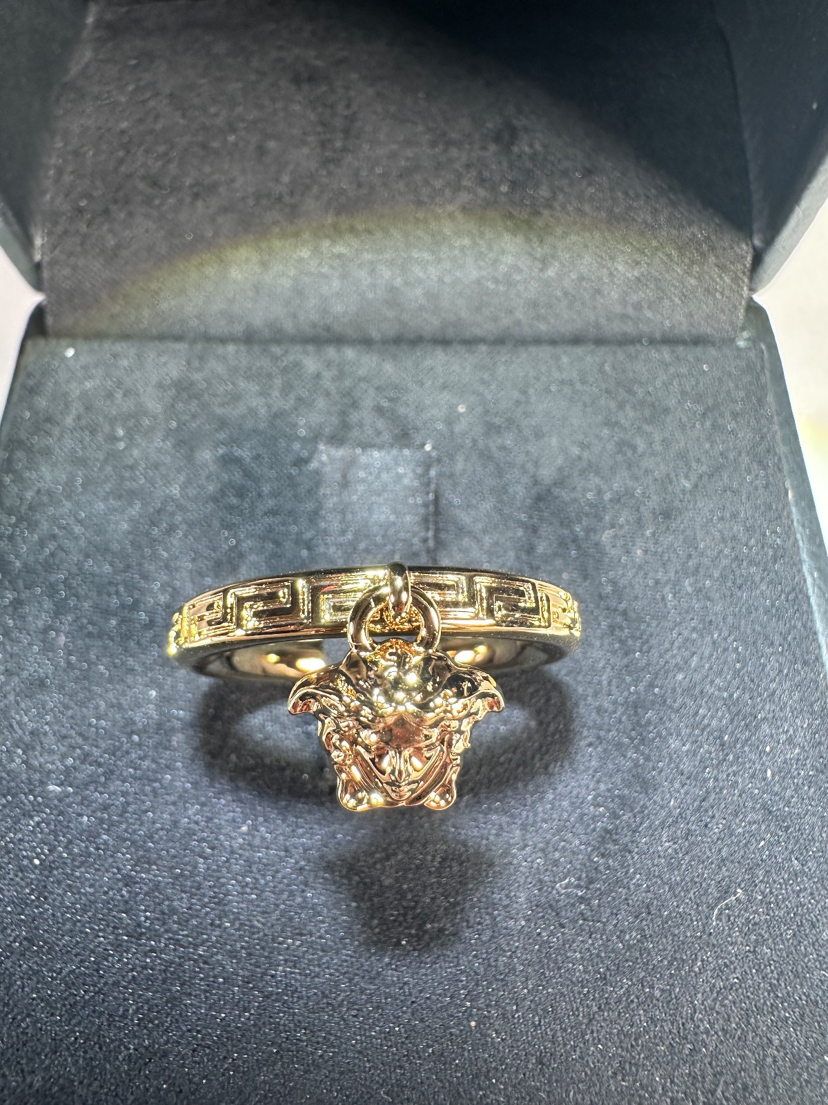 NWT Versace Greca Gold Tone Medusa Charm Ring Light Gold Authentic