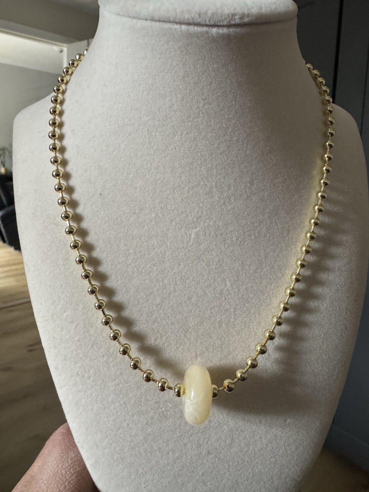 Gold Tone Metal Ball/Bead Chain Necklace w/ Round Charm Pendant, No Stone