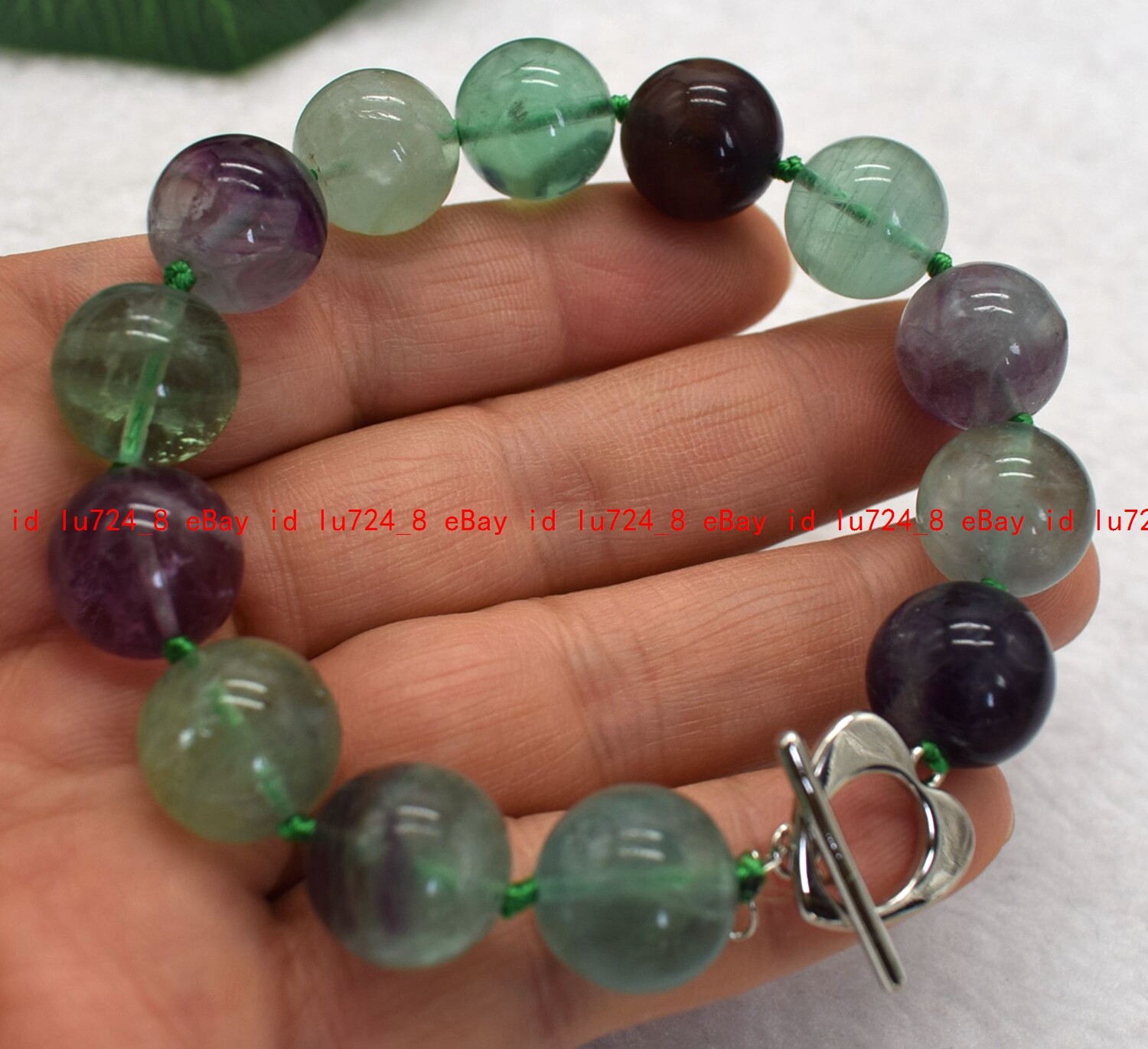 Natural Multicolor Fluorite Gems Round Beads Silver Love Clasp Bracelet 7.5″
