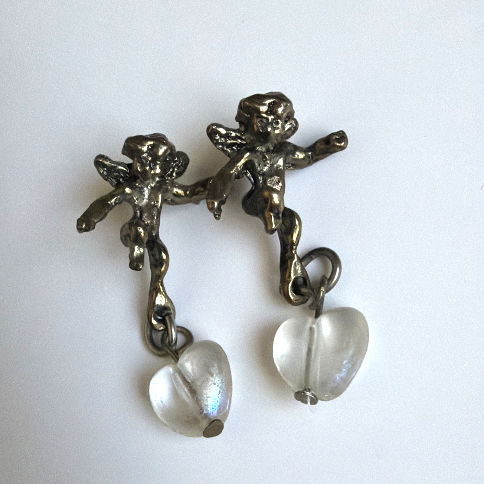 Vintage Cupid Cherub Valentines Day Gold Metal Plastic Heart Earrings Jewelry