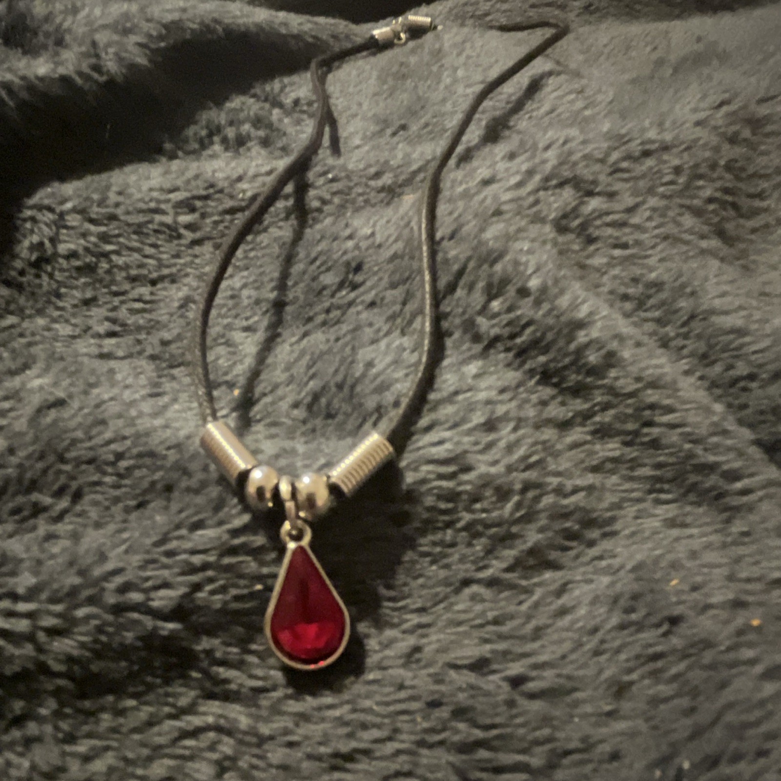 Red Crystal Teardrop Pendant Necklace Black Cord Silver Tone Bezel Set