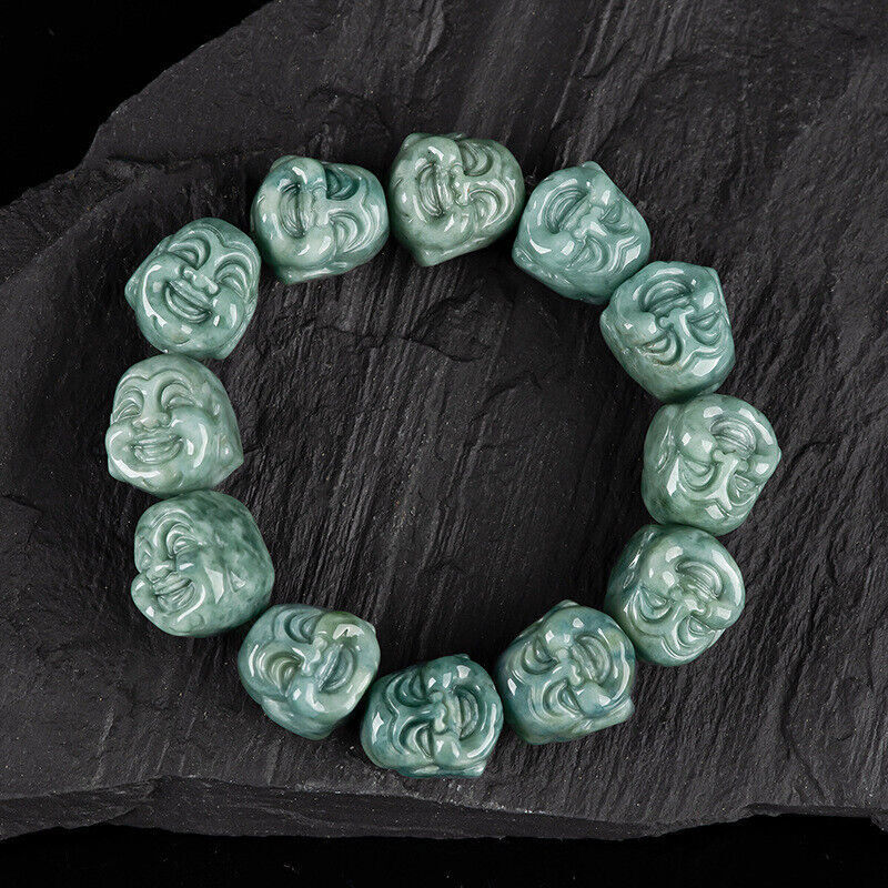 Natural Grade A Jadeite Deep Bean Green 12PCS Maitreya Buddha Head Bead Bracelet