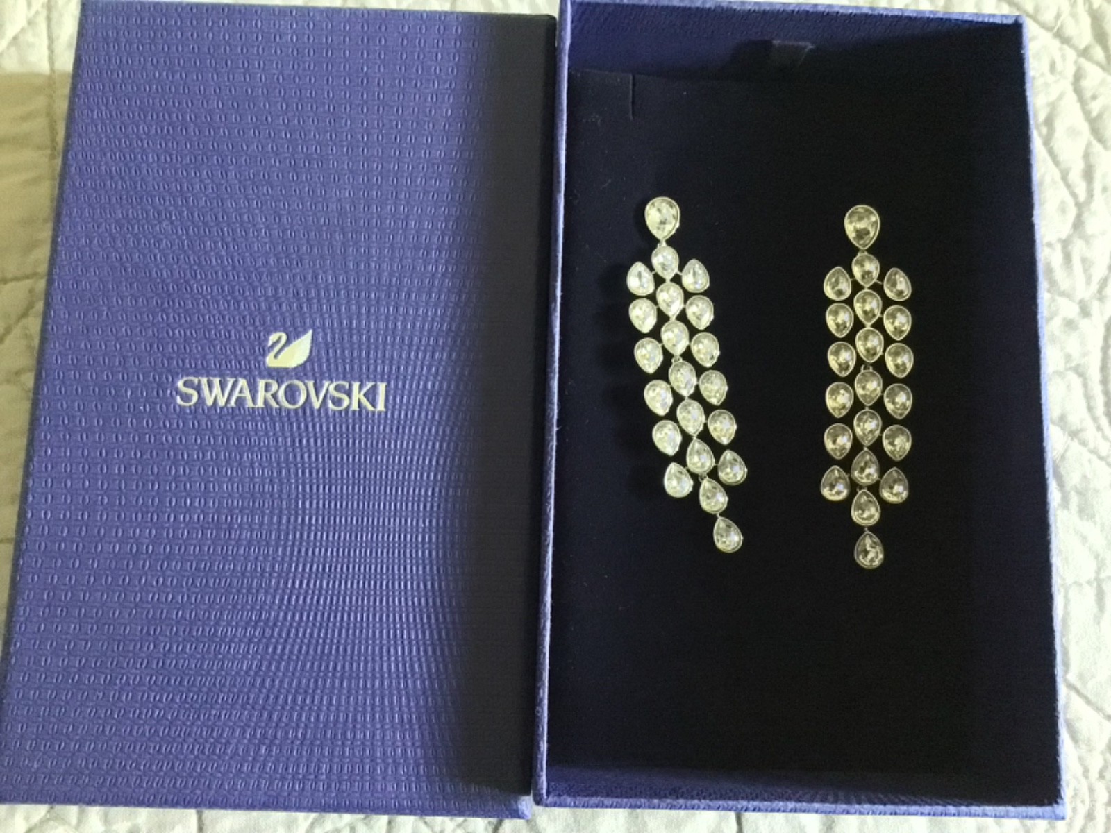 Swarovski Crystal chandelier earrings, pear shaped, Rhodium finish 3″. NIB