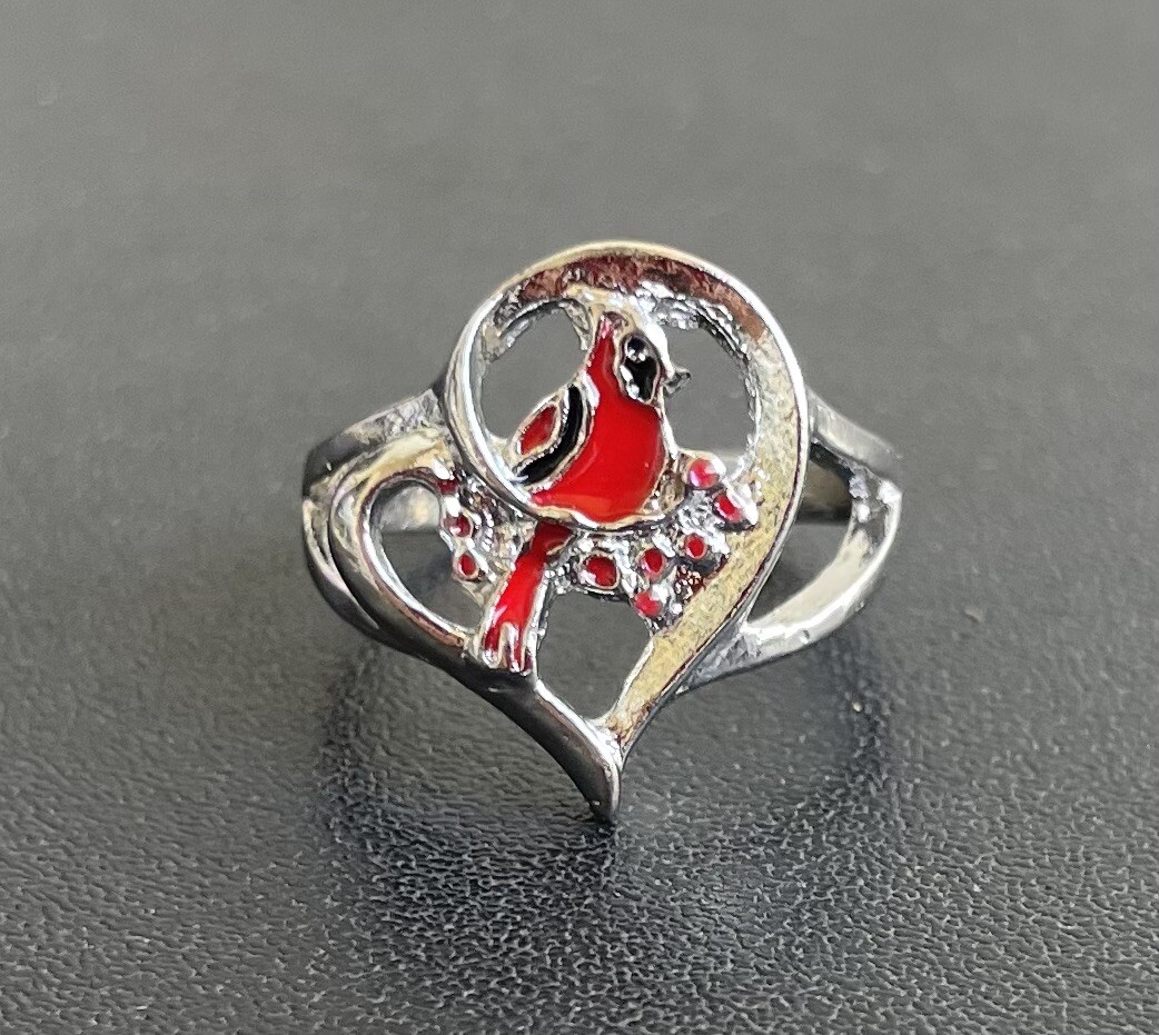 Red Cardinal Bird Heart Ring Size 8 Memorial Retro