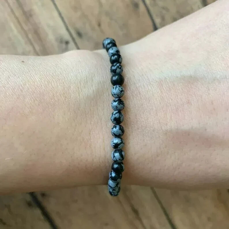 4mm Natural Snowflake Obsidian Beads Healing Crystal Stretch Women Men Bracelet