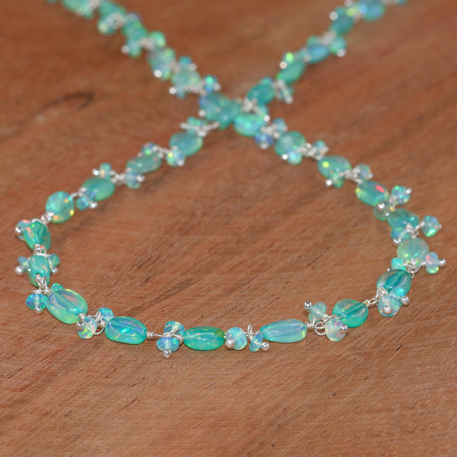 Genuine Green Opal Gemstone Tumble Beads Necklace, Multifire Green Opal Beads