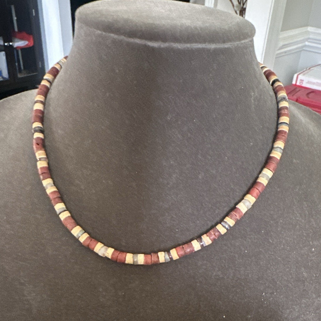 Brown & Beige Wood Beaded Choker Necklace Signed AE Tag No Stone