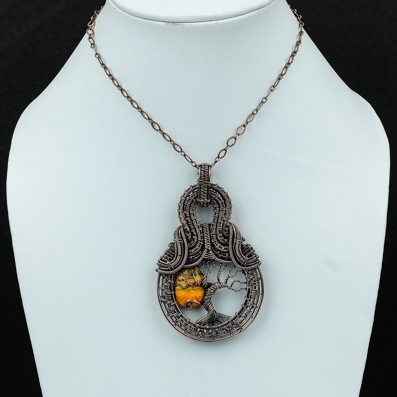 Gift For Her Copper Bumble Bee Jasper Wire Wrapped Tree Of Life Pendant 3.5″