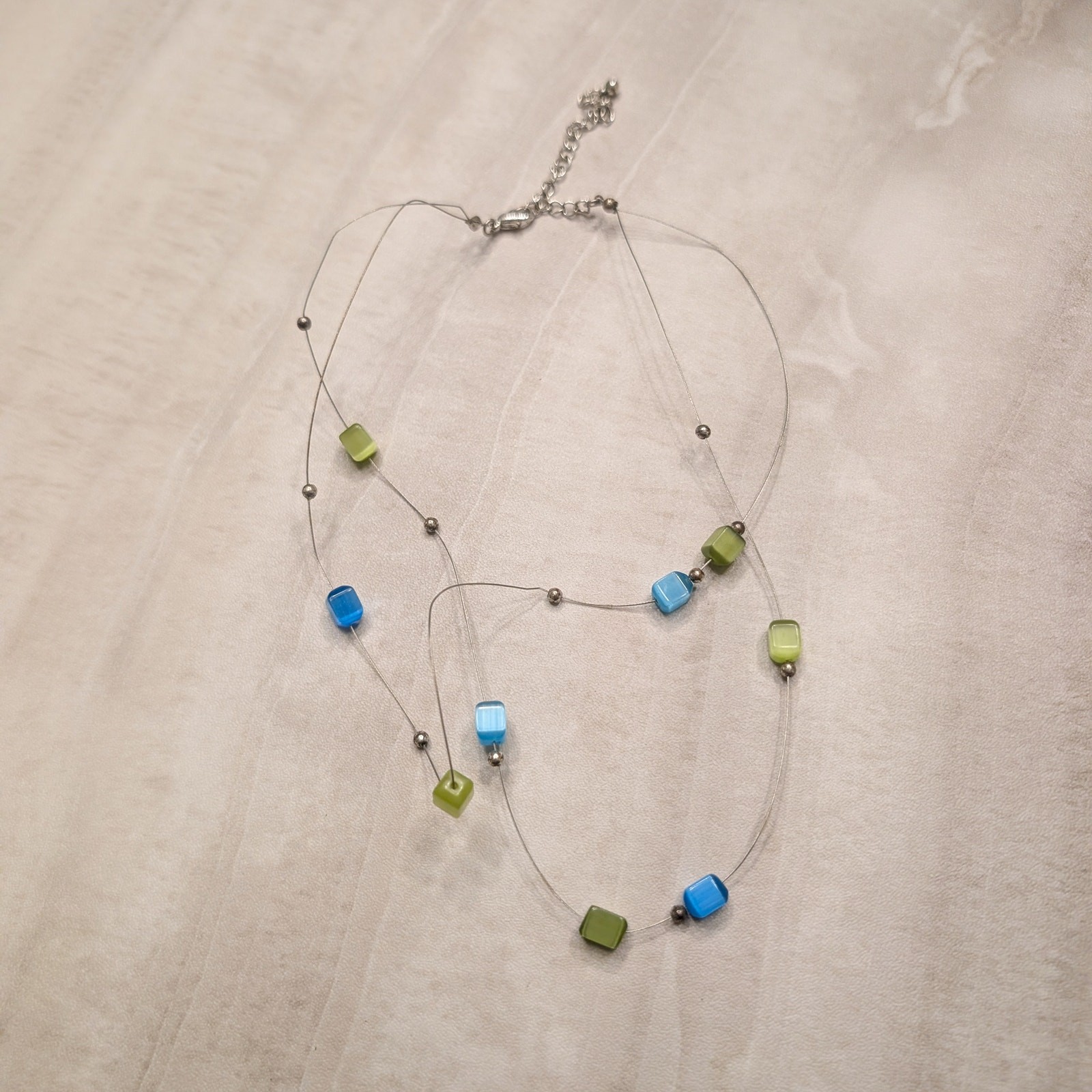 Double Strand Blue & Green Cube Bead Necklace – Fair Condition