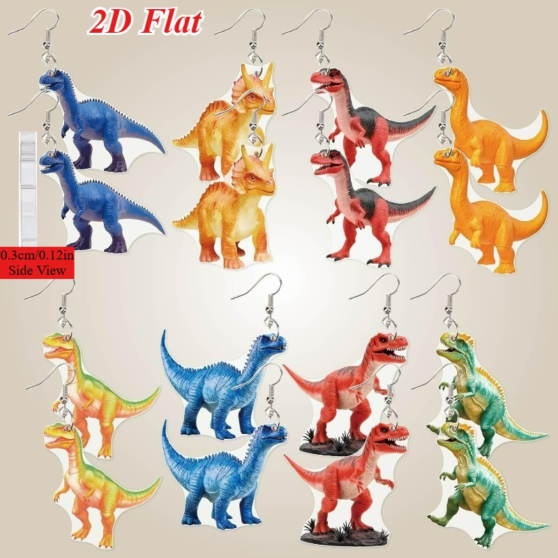 8 Pairs of Colorful Dinosaur Acrylic Pendant Earrings, Animal Earrings