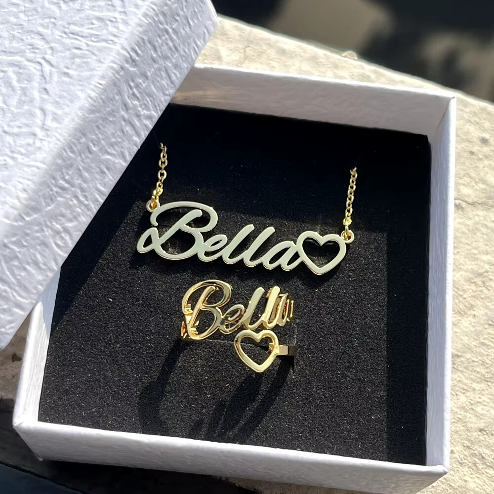 Customized Name Jewelry Set Necklace Ring Heart Gold Silver Stainless Steel Gift