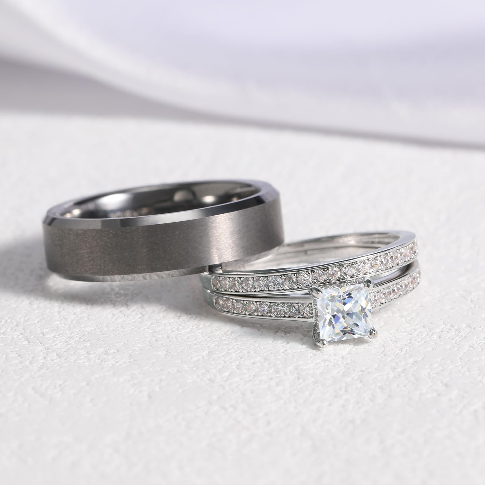 Promise Rings for Couple – Princess Cut Fake Engagement Ring Set & Men’s Tung…