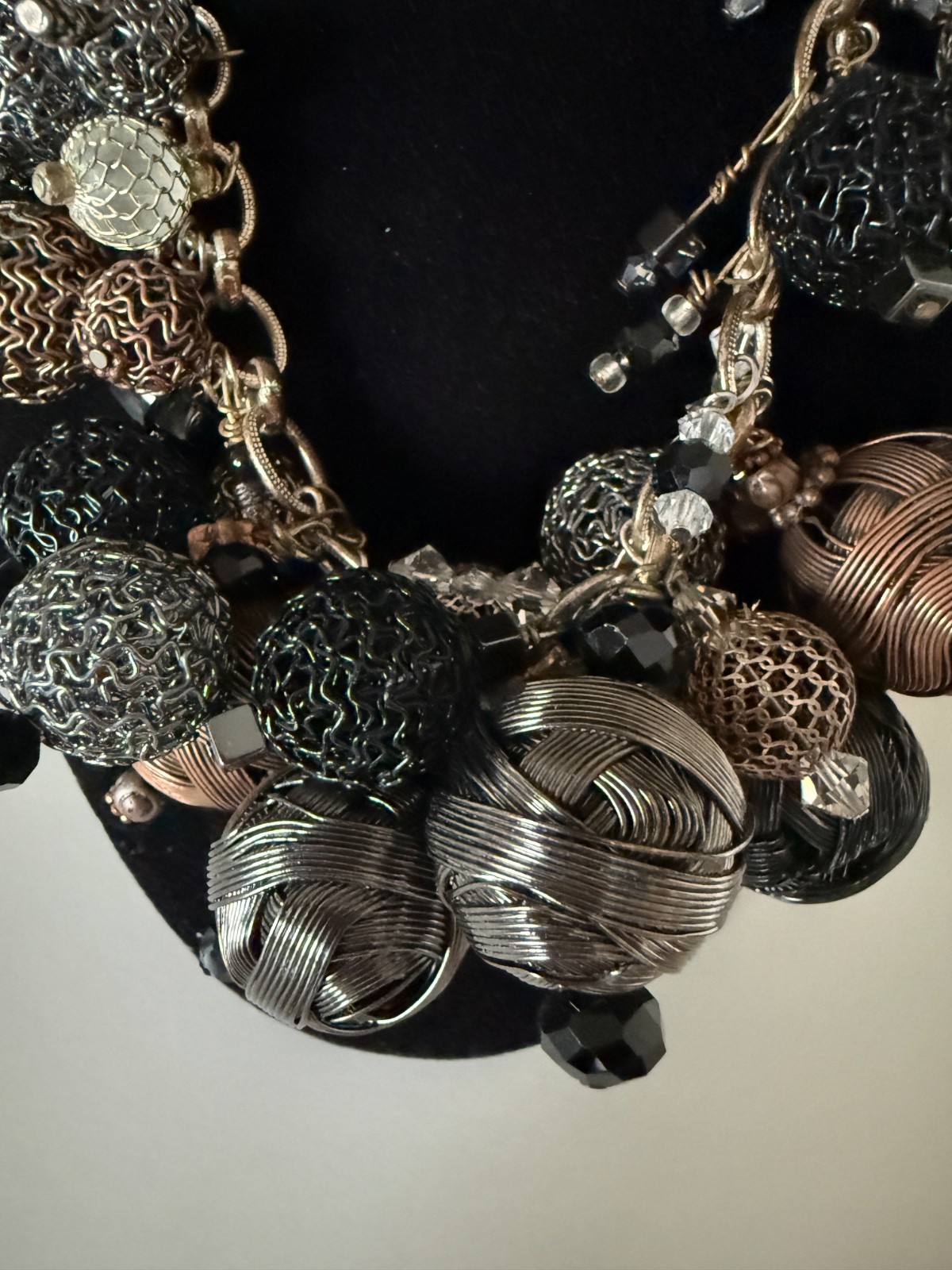 Mixed Metal Statement Necklace Wire Ball Crystal Bead Bib – Black Silver Bronze