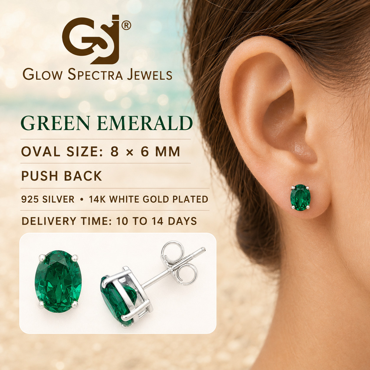 4CT Ovel Solitaire Green Stud Erring Pus Back 925 Silver 14k White Gold Plated