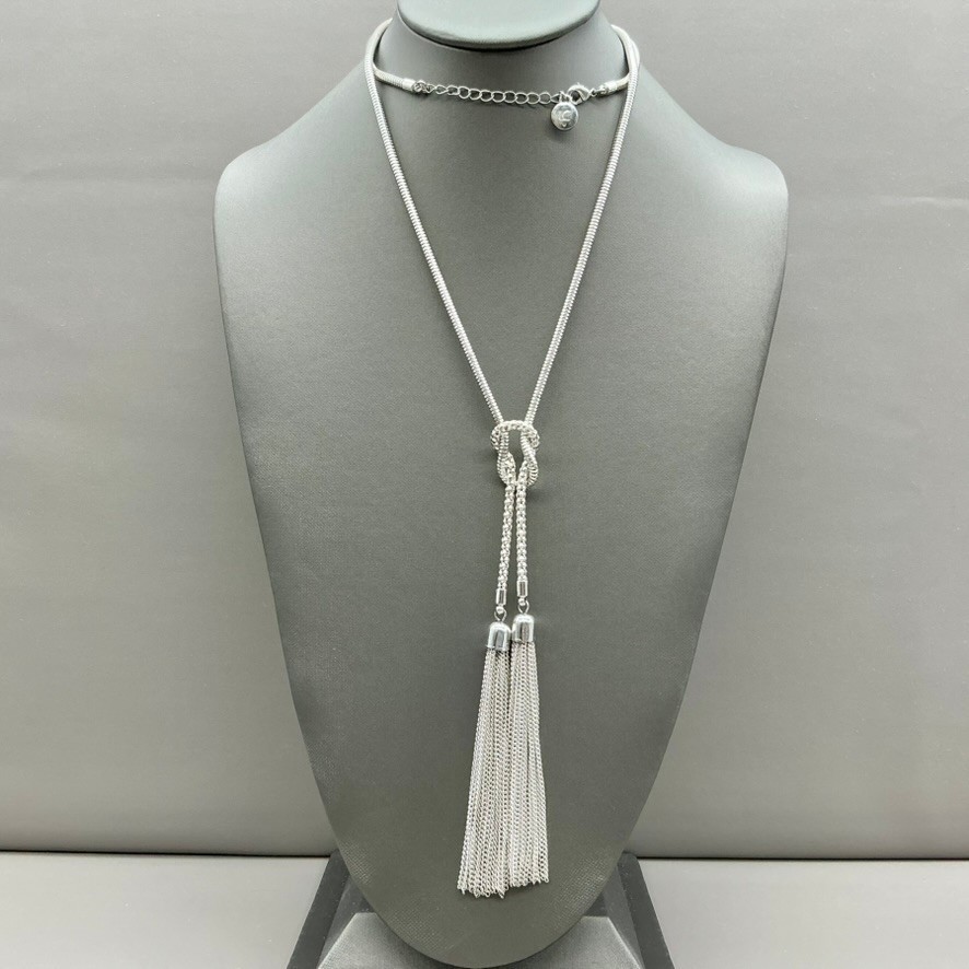 Lariat Necklace Women Silver Tone Knot Snake Chain Tassel Long 30 Inch Preppy