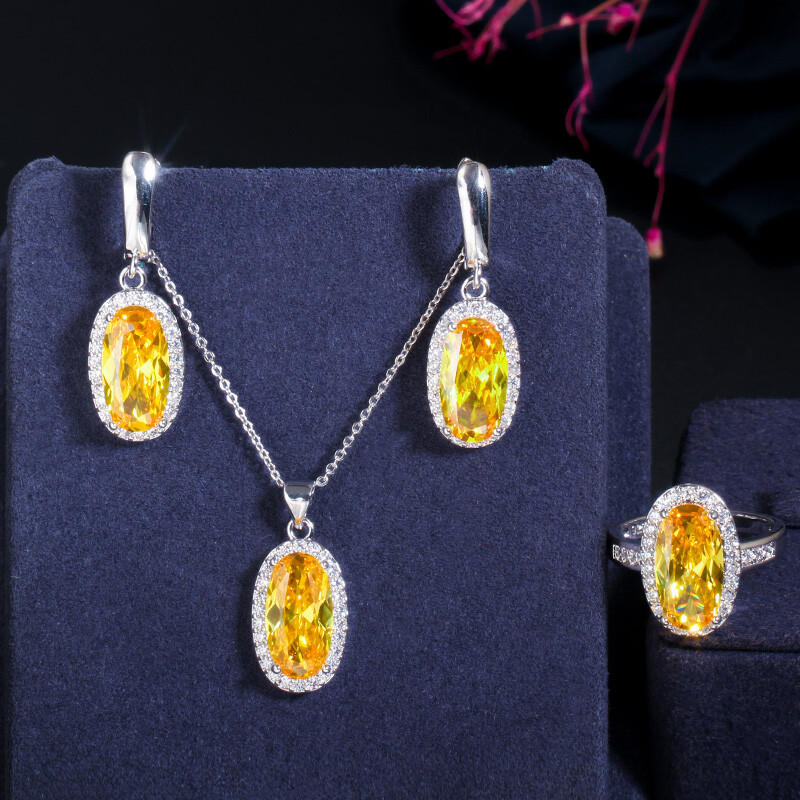 Vivid Cubic Zirconia Oval Drop Necklace Ring Earrings Silver Plated Jewelry Set