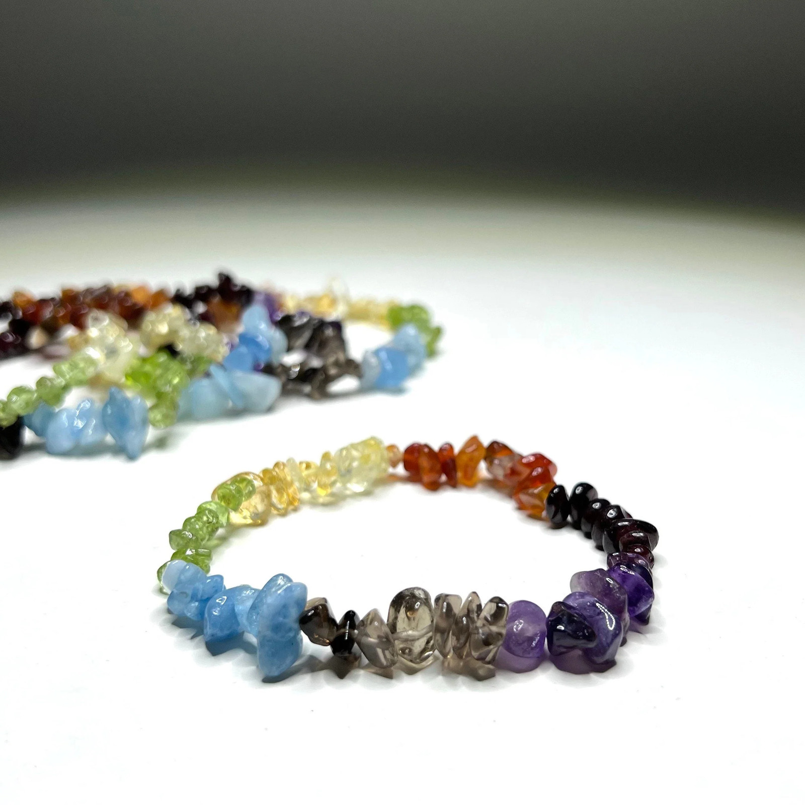 Seven Chakra Stone Chip Bracelet: Gemstone Beaded Stretch Bracelet