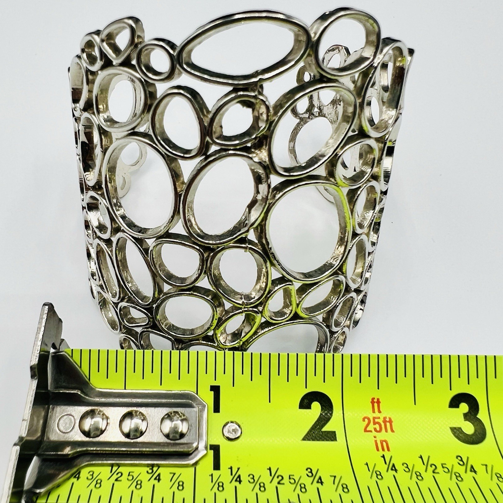 Wide Silver Tone Open Circle Cuff Bracelet Bubble Abstract Statement Modern Bold