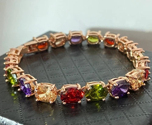 27 CTW Multicolor Gemstone Tennis Bracelet 18K Rose Gold Plated Women Jewelry