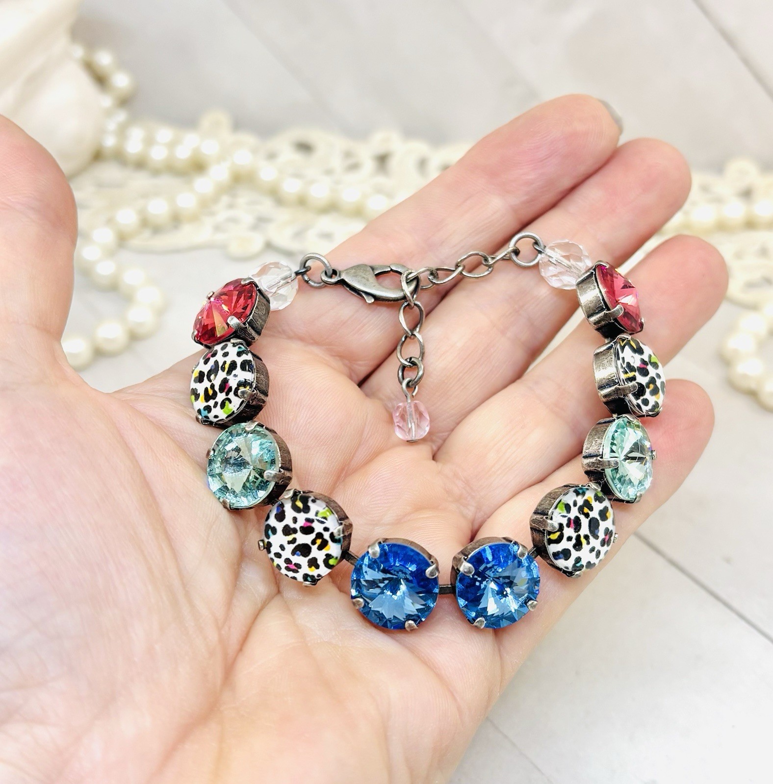 Antique Silver Plated Rainbow Leopard Cup Chain Statement Bracelet
