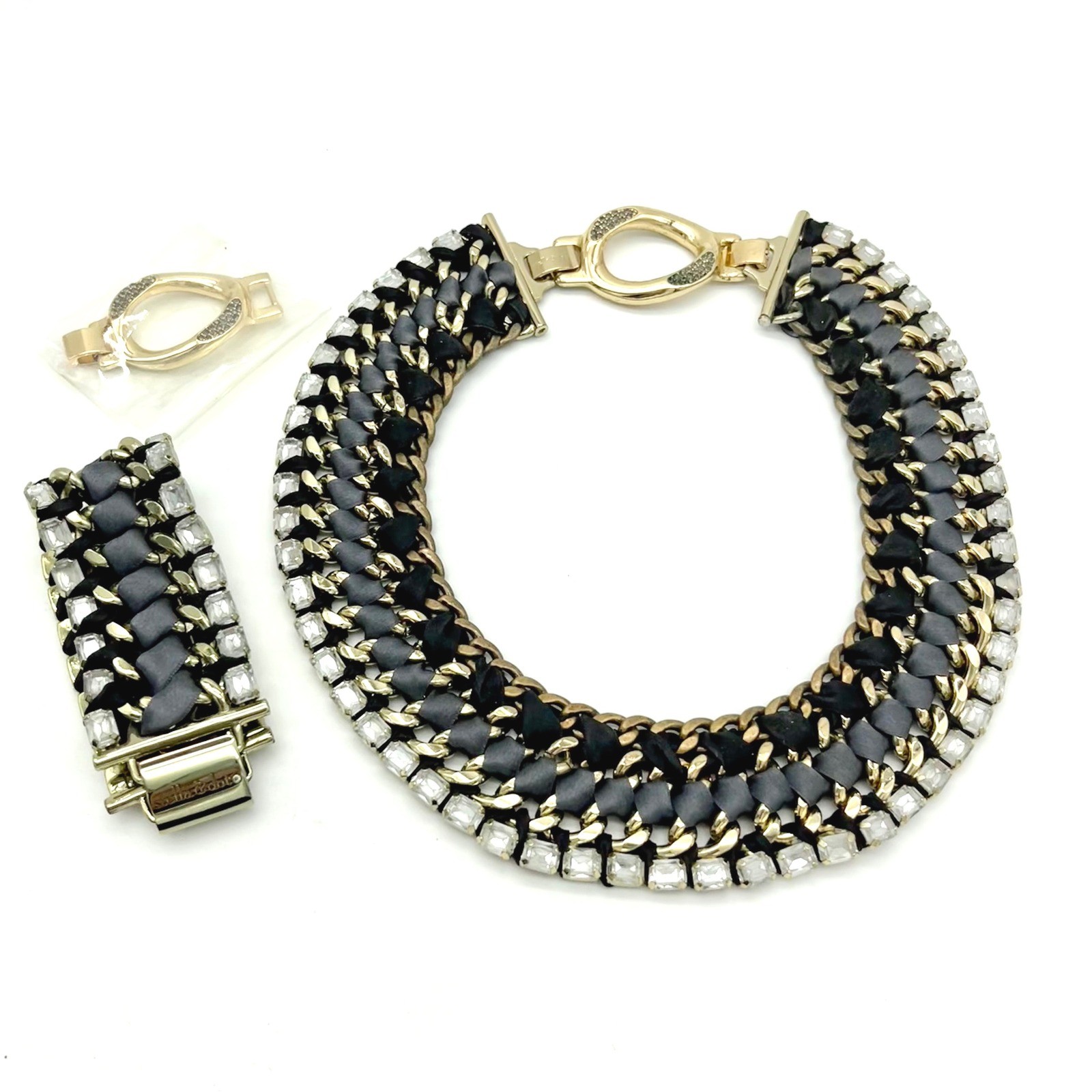 Retired Stella & Dot Bib Necklace & Bracelet Statement Chain Ribbon Rhinestone