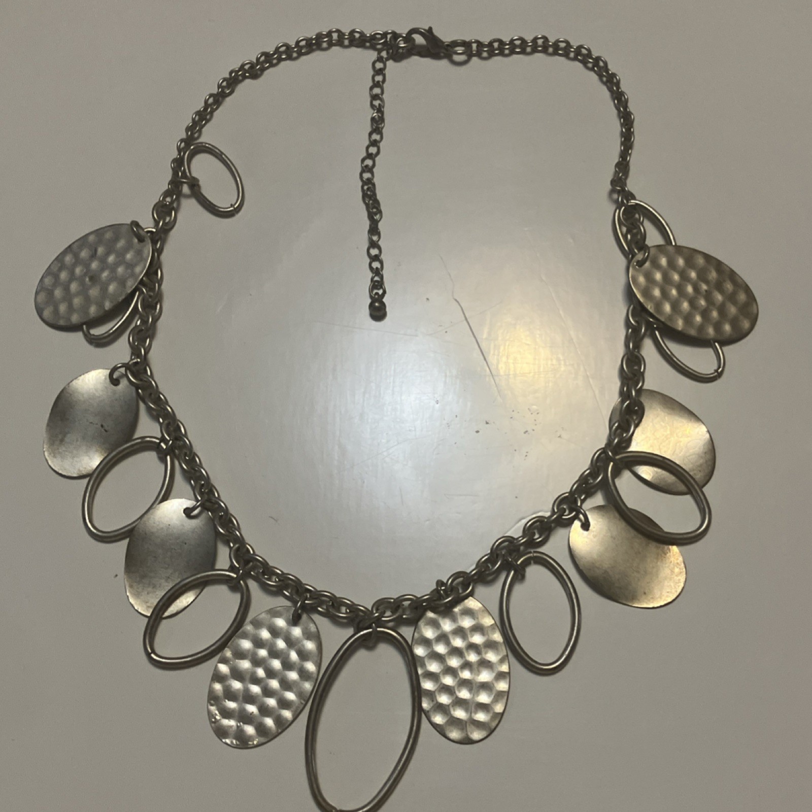Silver Tone Hammered Oval Pendant Necklace Statement Charm Metal Link Chain Gift