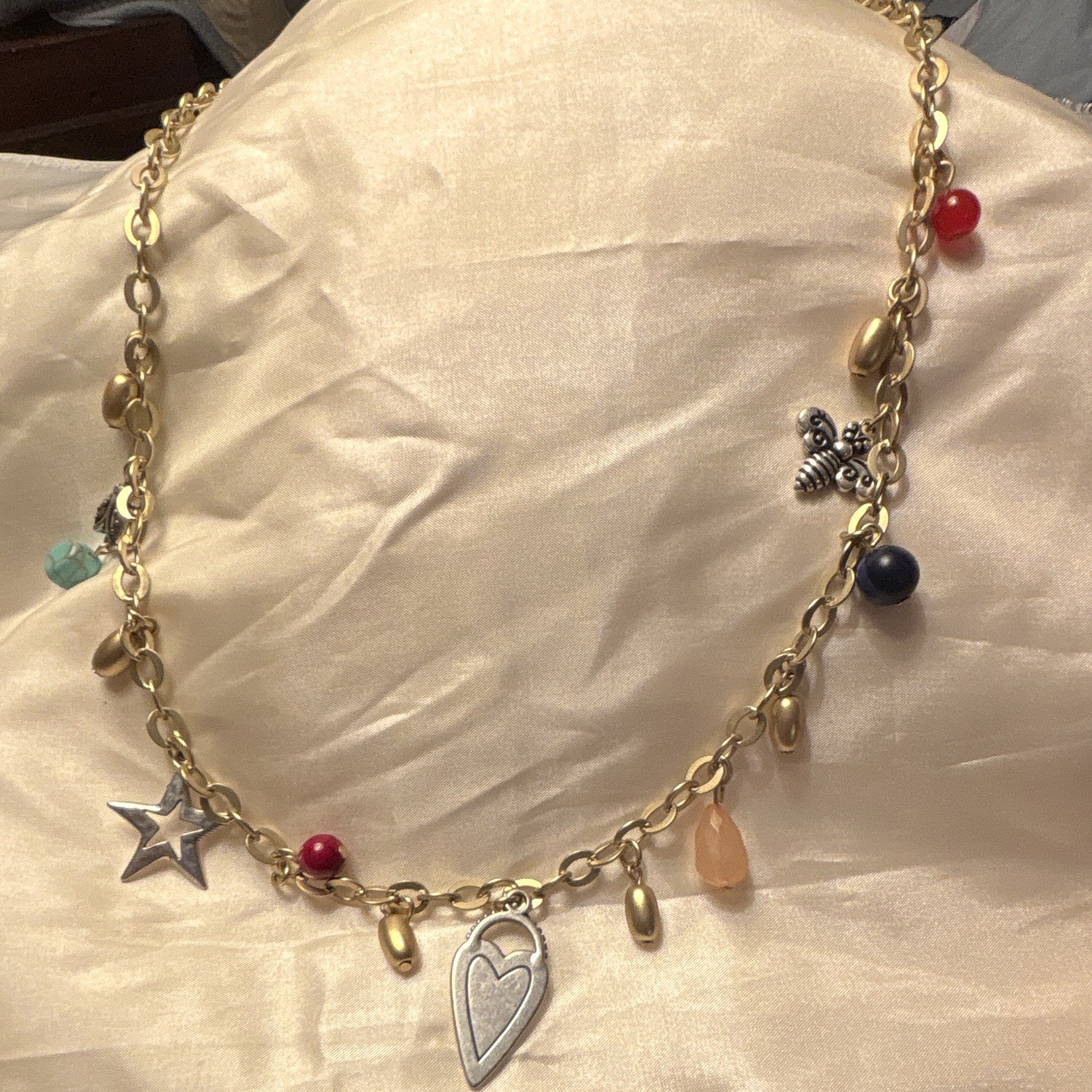 Chico’s Gold/Silver Tone Charm Necklace w/ Star Heart Bee Bead Dangles. 20”