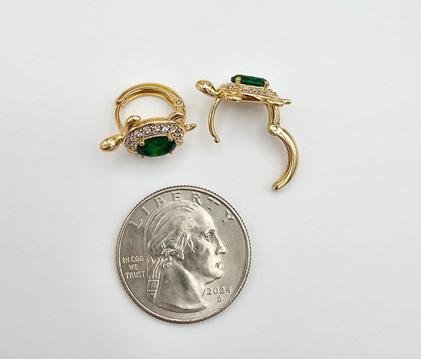 18K Gold Plated Women Green Crystals Turtle Earrings. Small Hoop. Huggies.