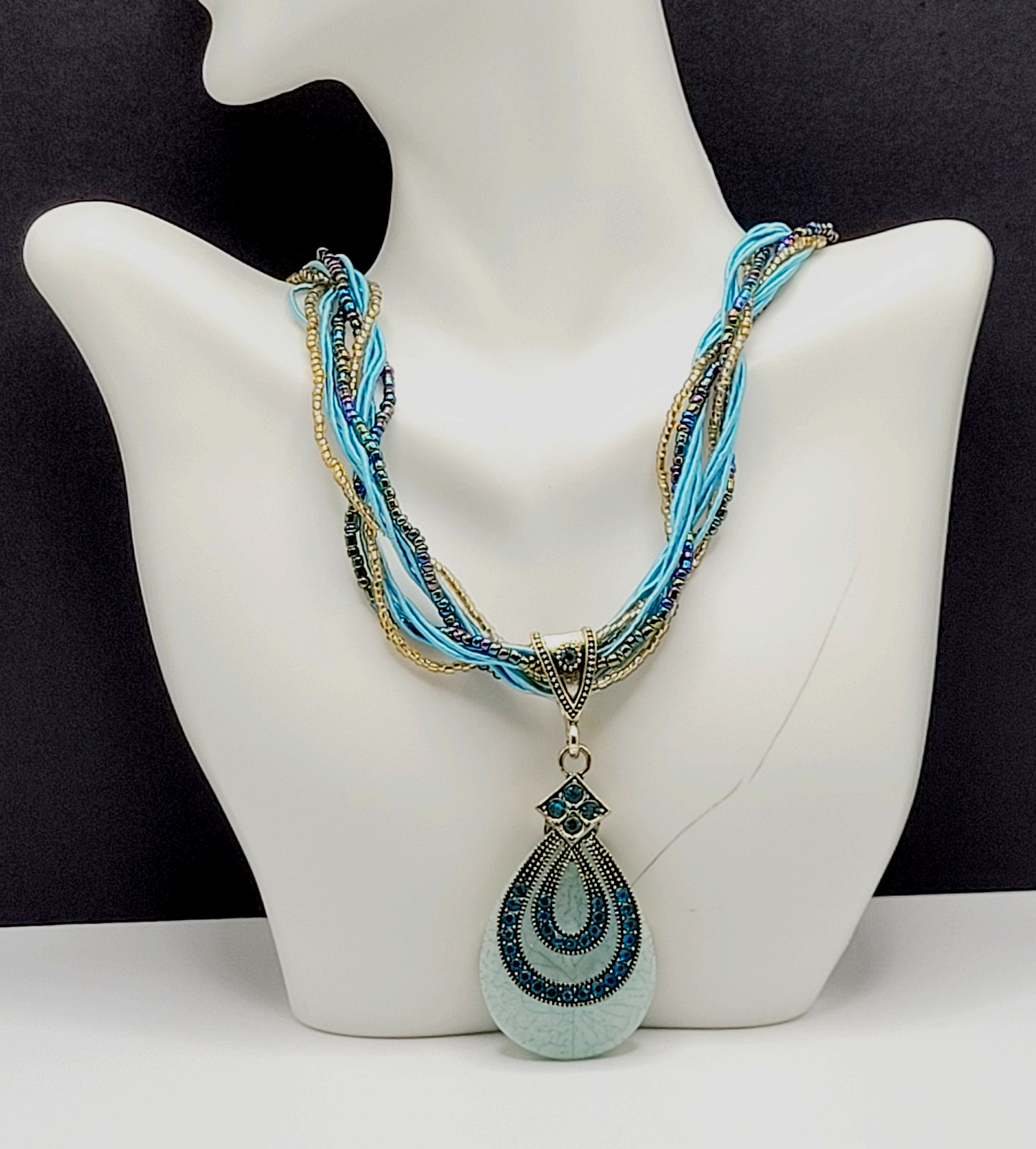 Modern Braided Multi Strand Peacock Colors Crystal Faux Stone Pendant Necklace