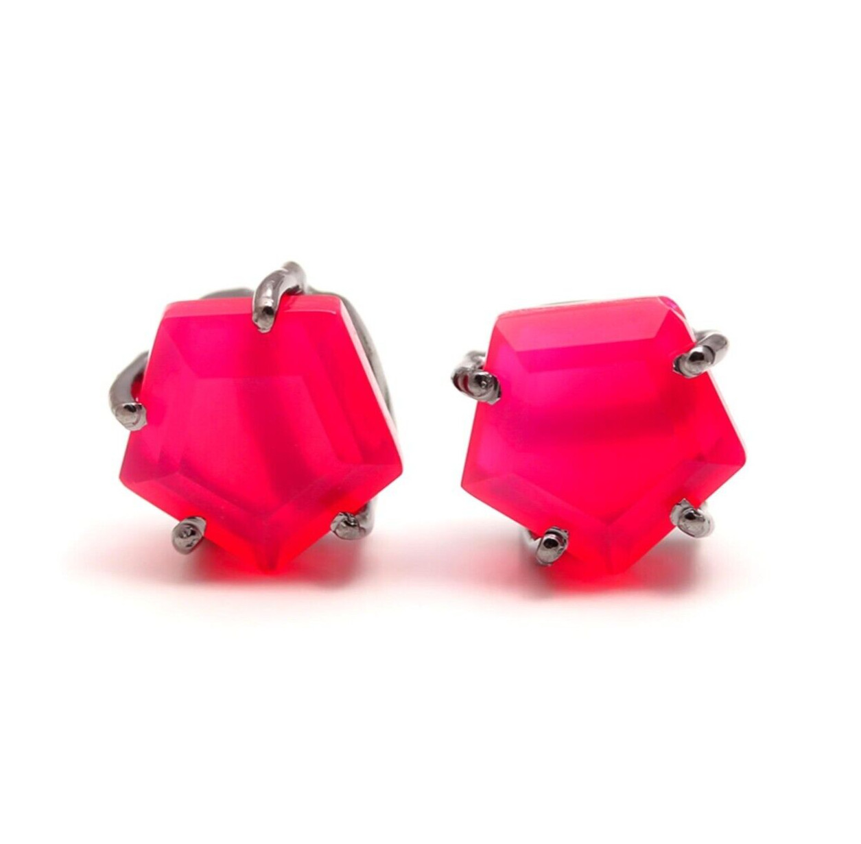 Pink Chalcedony Pentagon Solid Silver Black Oxidized Stud Earrings Birthday Gift