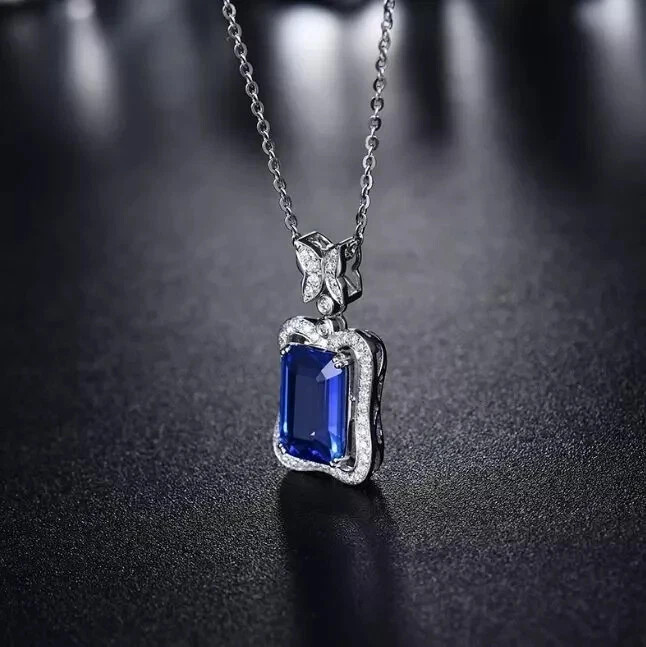 2.45 Ct Emerald Cut Blue Sapphire Pendant Wedding Pendant 14k White Gold