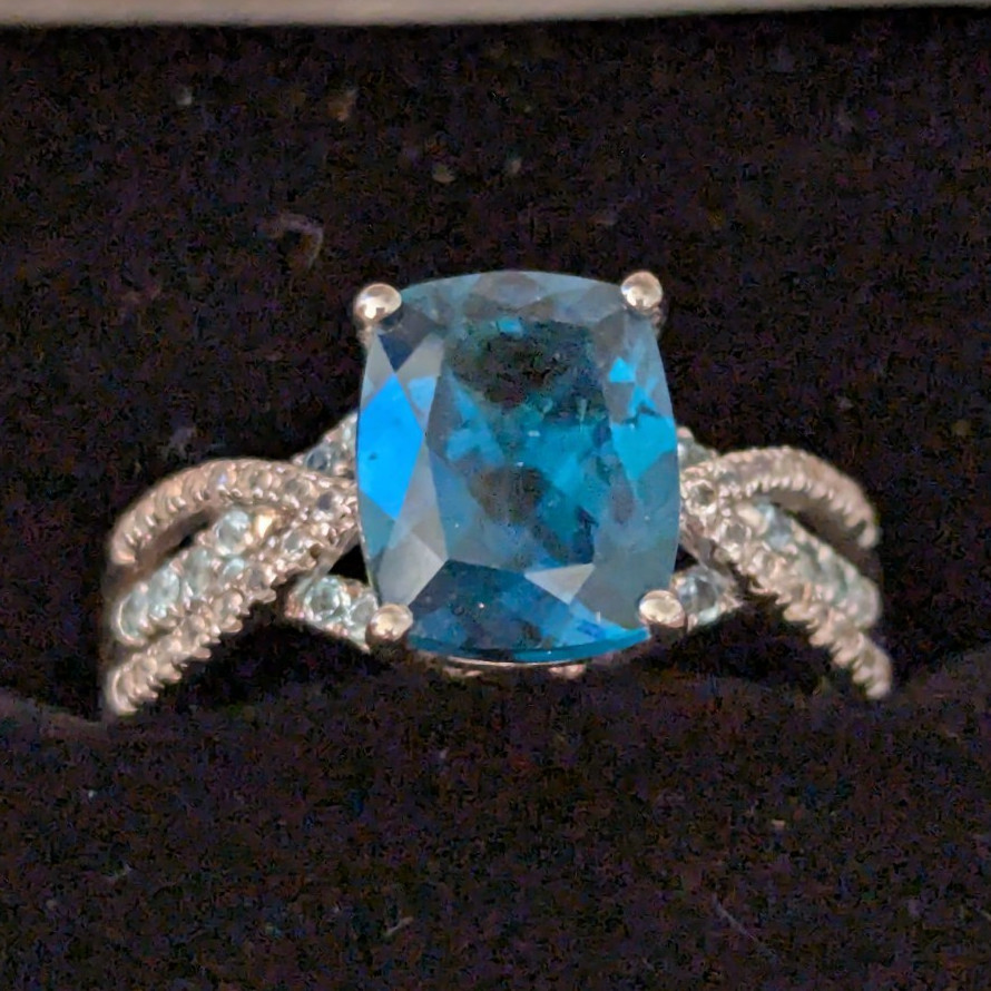 Silver, Blue Topaz With Rose Gold, Diamonds Prong Size 6.5
