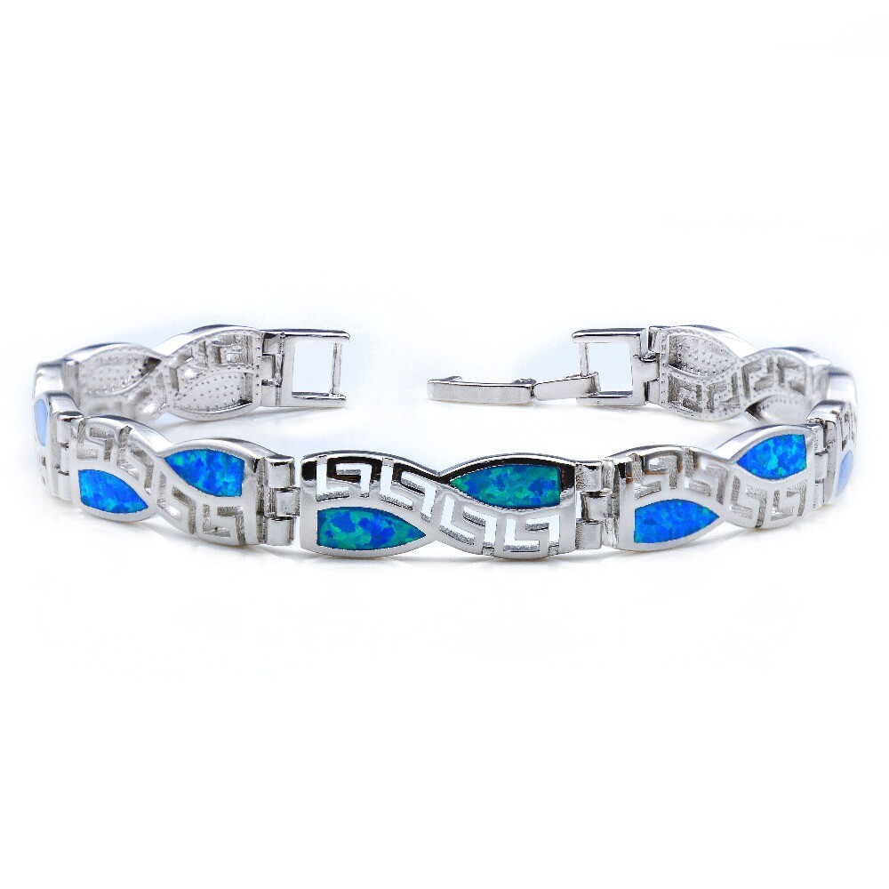 Hawaii Beach Blue Square 925 Sterling Sliver Fire Opal Bracelet 18cm