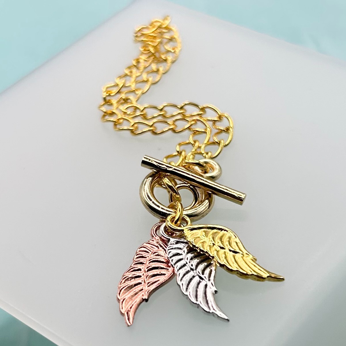 Mini Angel Wing Triple Pendant T-Bar Bracelet (Gold Chain) New Handmade