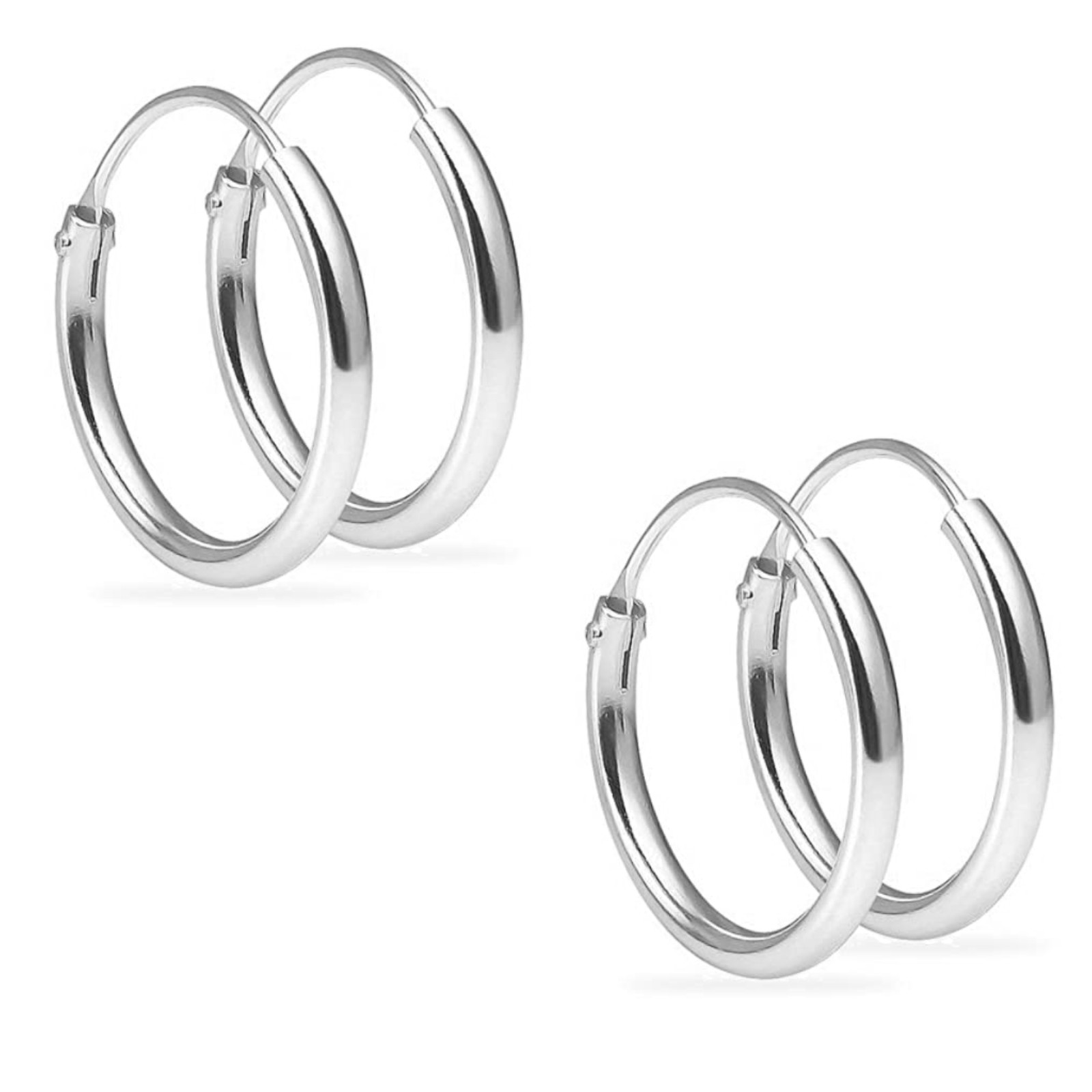 Continuous Hoop Earrings Sterling Silver 925 Two Pairs: 8mm 10mm 12mm 14mm 16mm